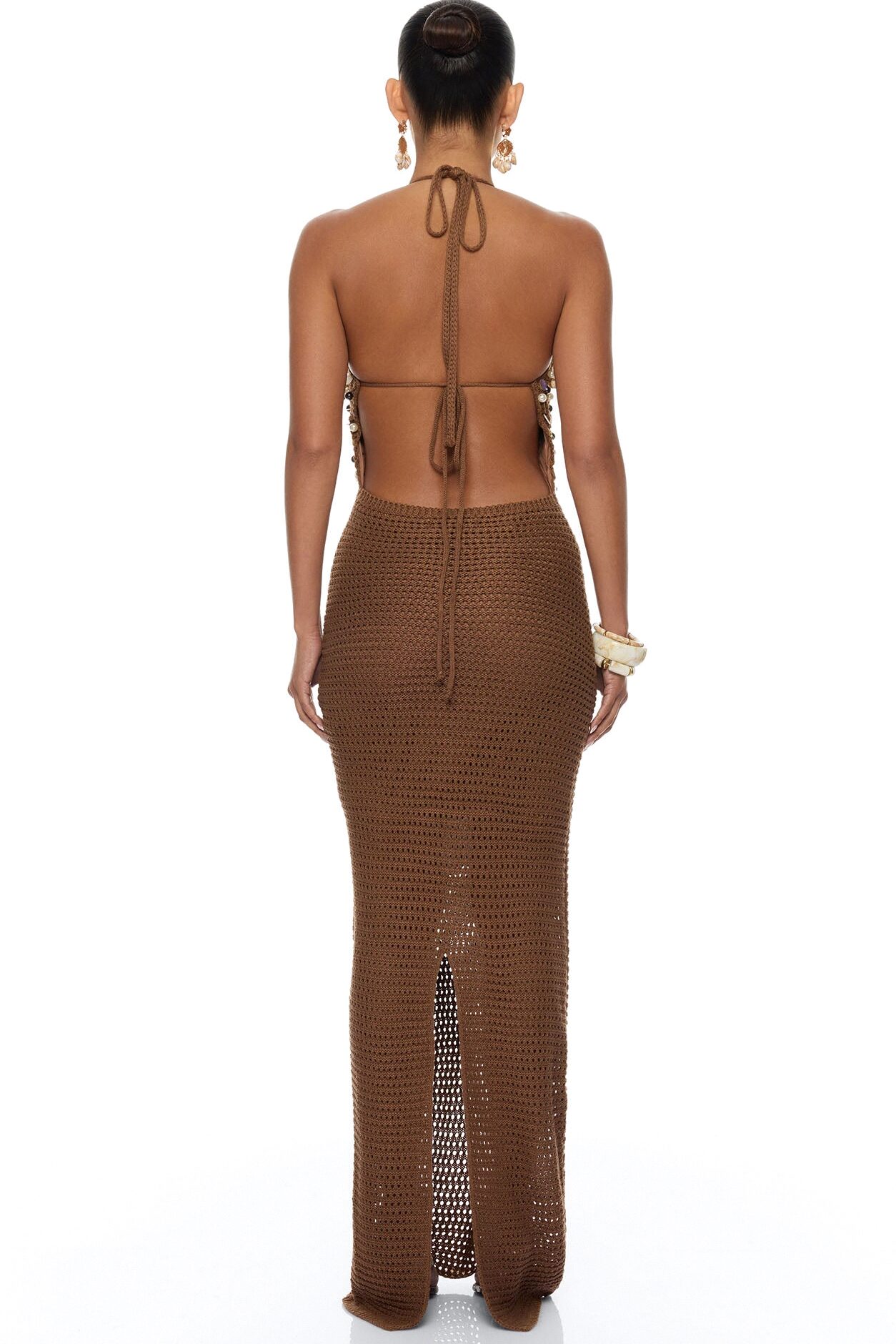Seaside Sparkle Crochet Maxi Dress - Chocolate