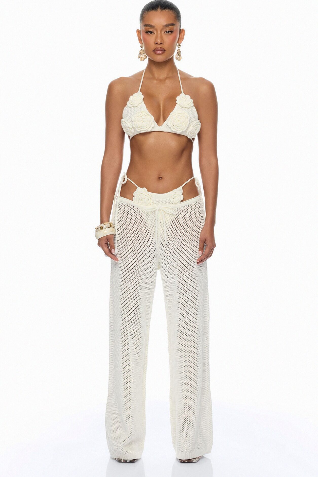 Island Living Floral Applique 3 Piece Crochet Sunsuit Set - Ivory