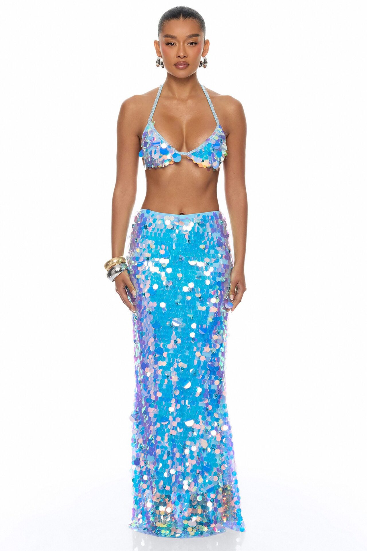 Mermaid Dreams Embellished Sequin Skirt Set - Blue