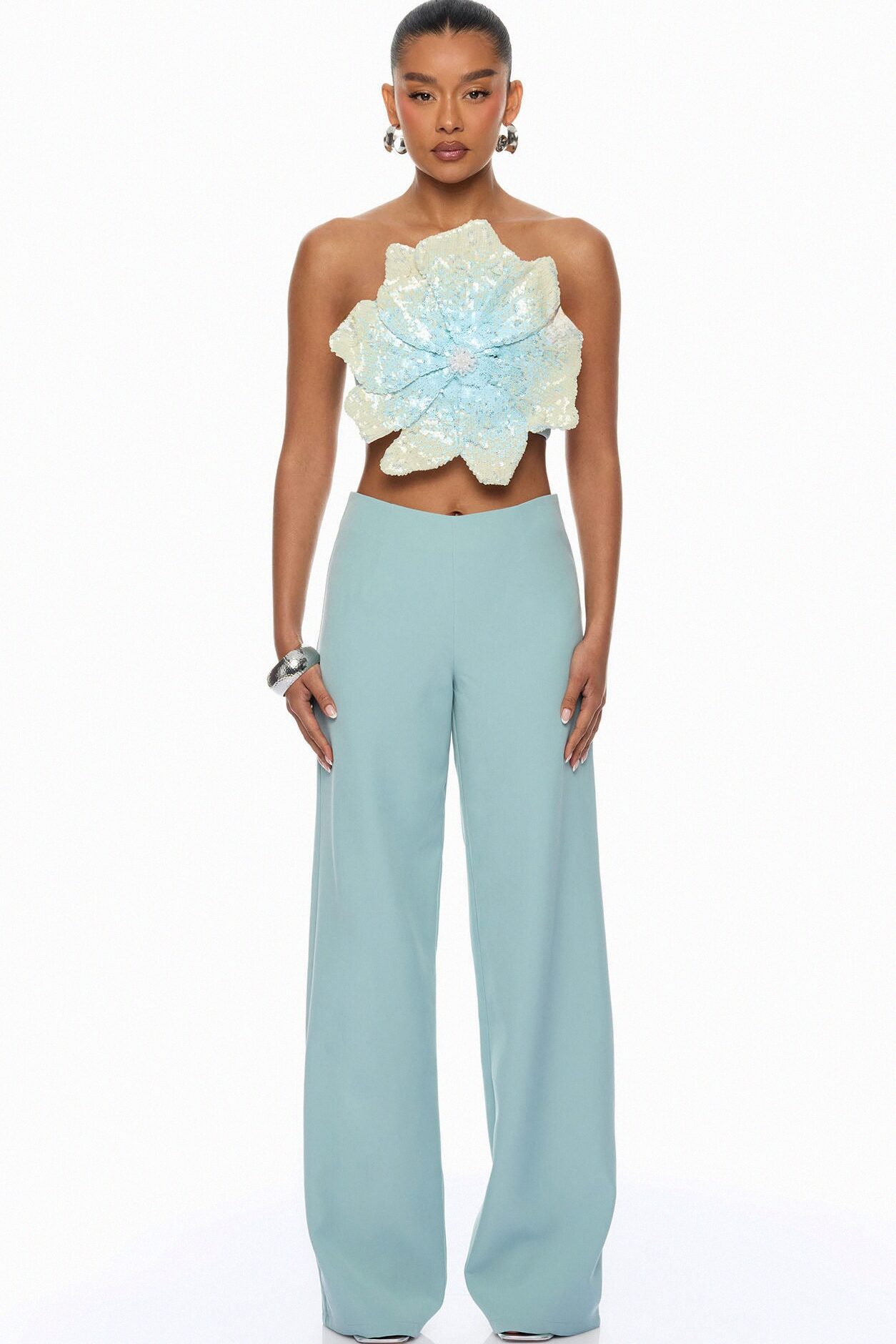 Garden Bloom Embellished Pant Set - Dusty Blue