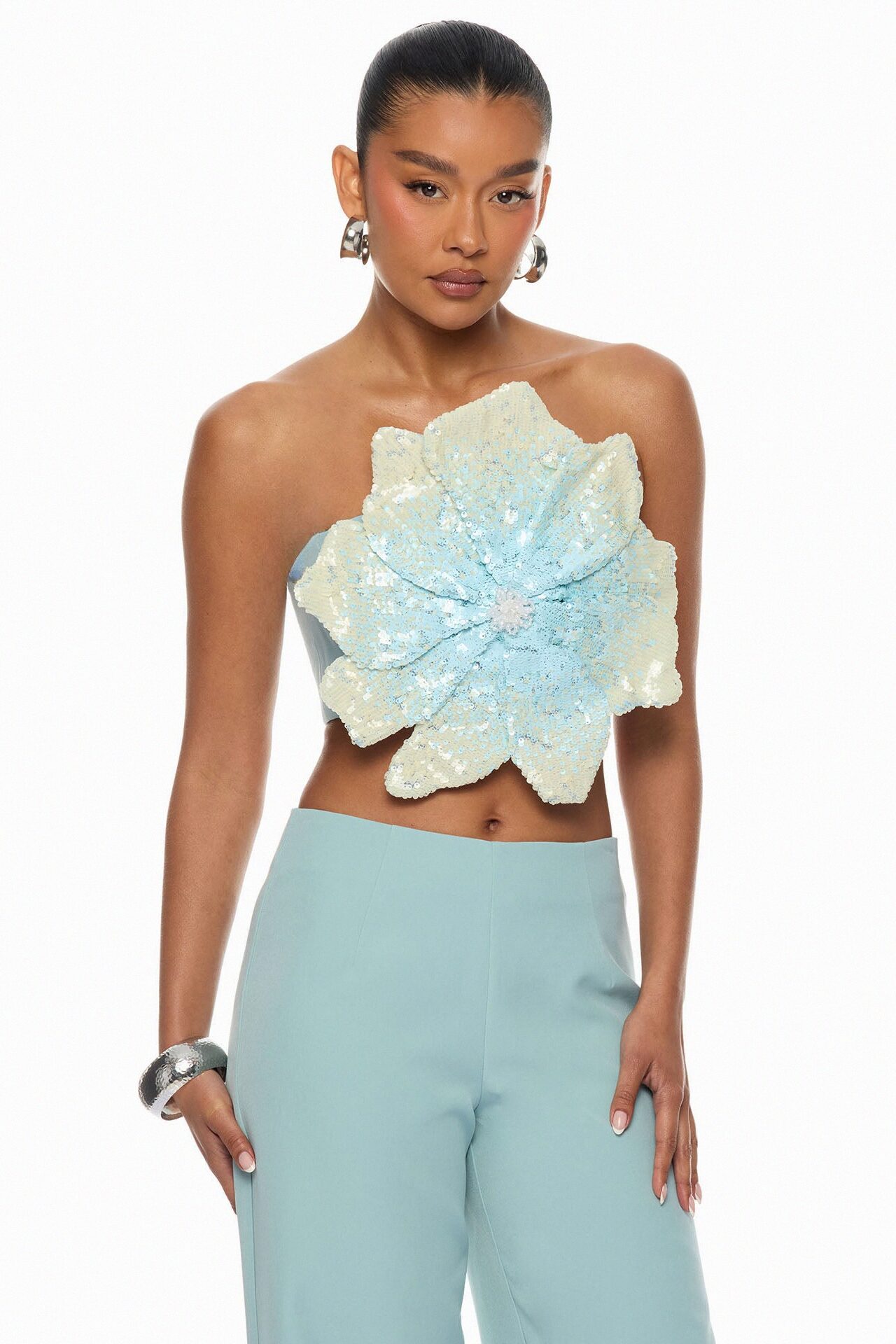 Garden Bloom Embellished Pant Set - Dusty Blue