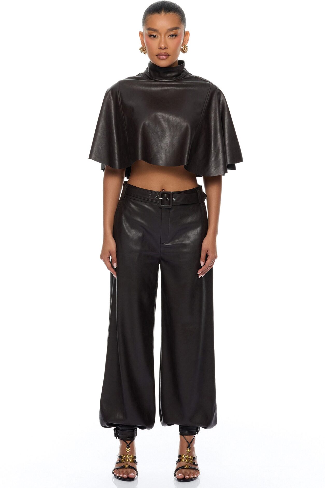 City Streets Faux Leather Balloon Pant Set - Chocolate
