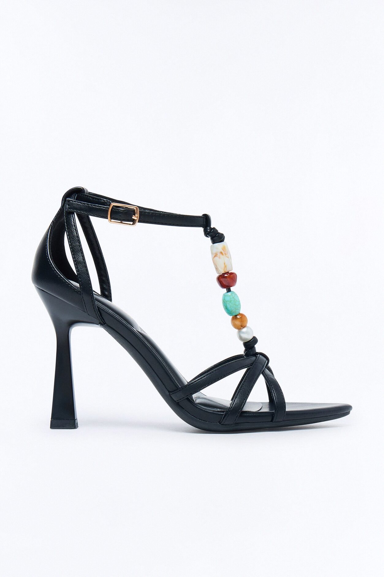 Evangelene Beaded Ankle Strap Heels - Black