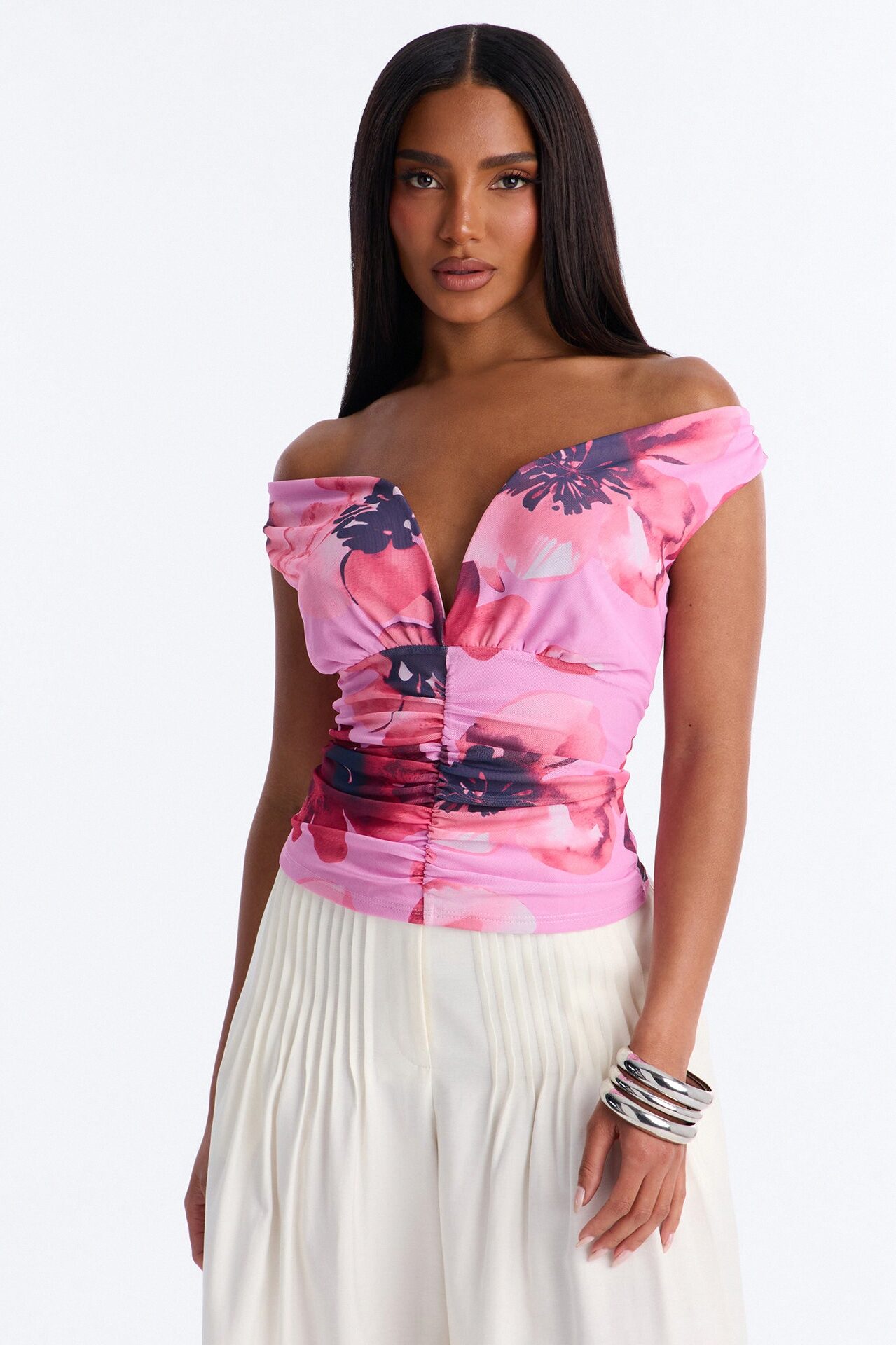 Elise Floral Mesh Ruched Off Shoulder Top - Pink/combo