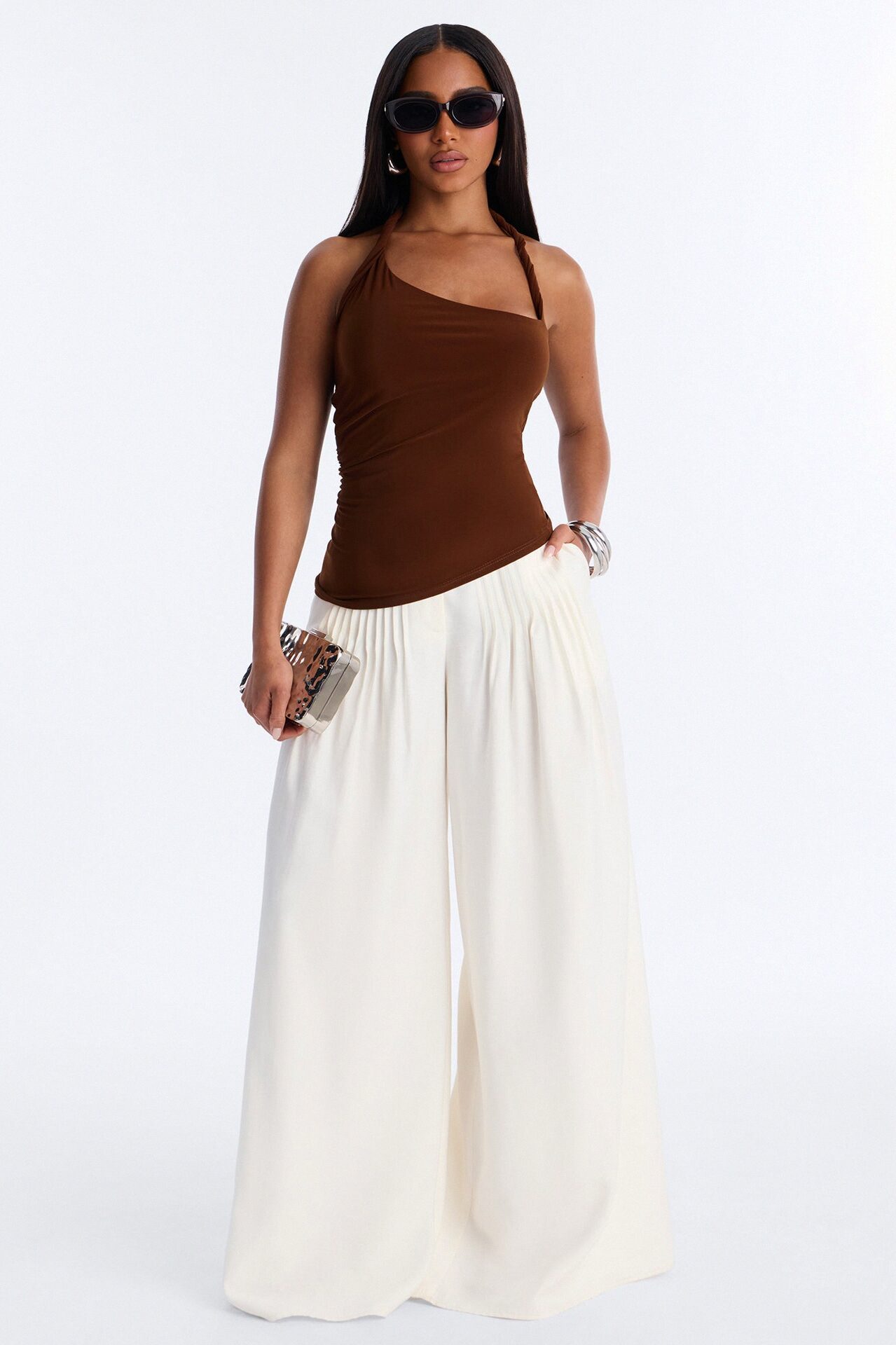 Maddy Asymmetrical Twist Ruched Halter Top - Brown
