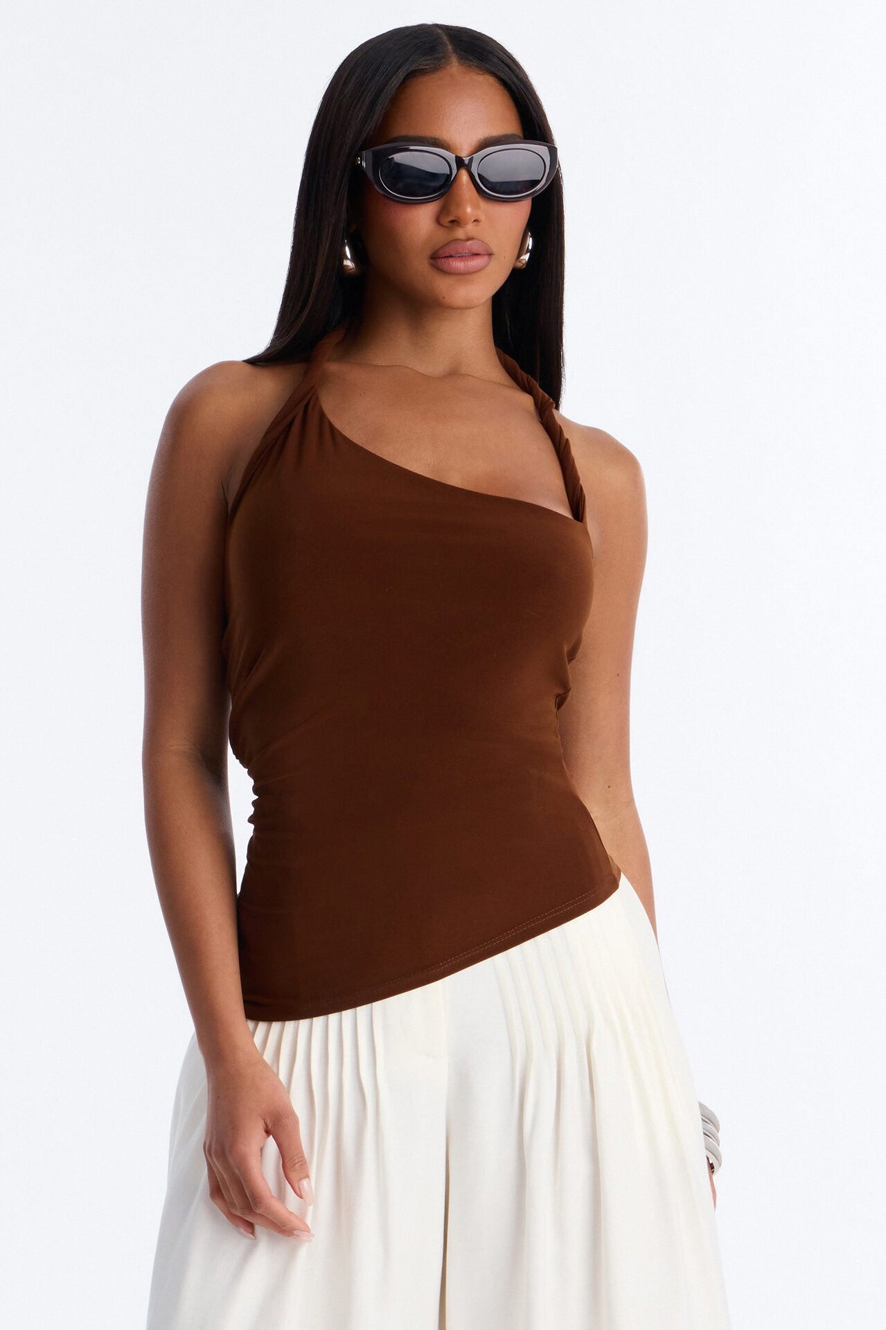 Maddy Asymmetrical Twist Ruched Halter Top - Brown