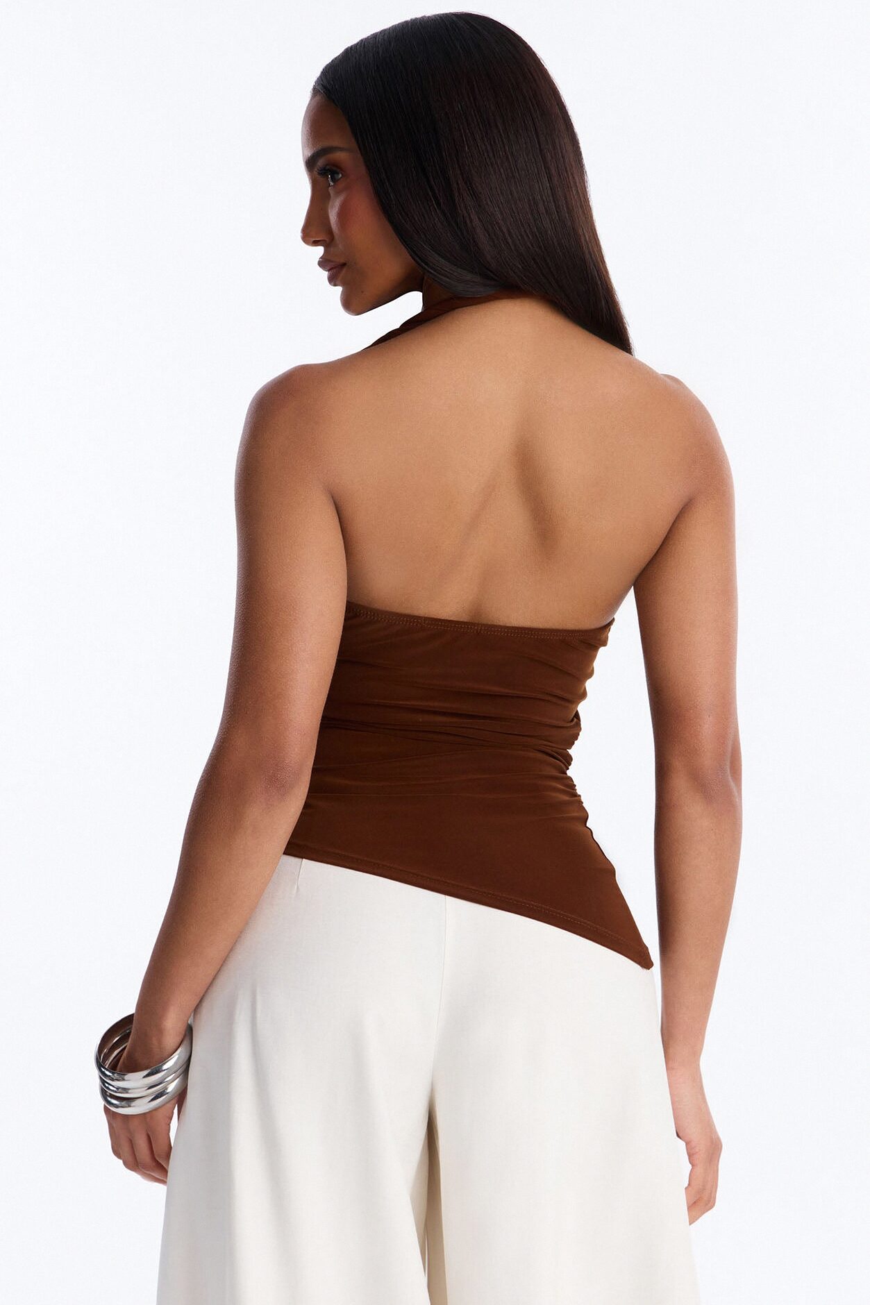 Maddy Asymmetrical Twist Ruched Halter Top - Brown