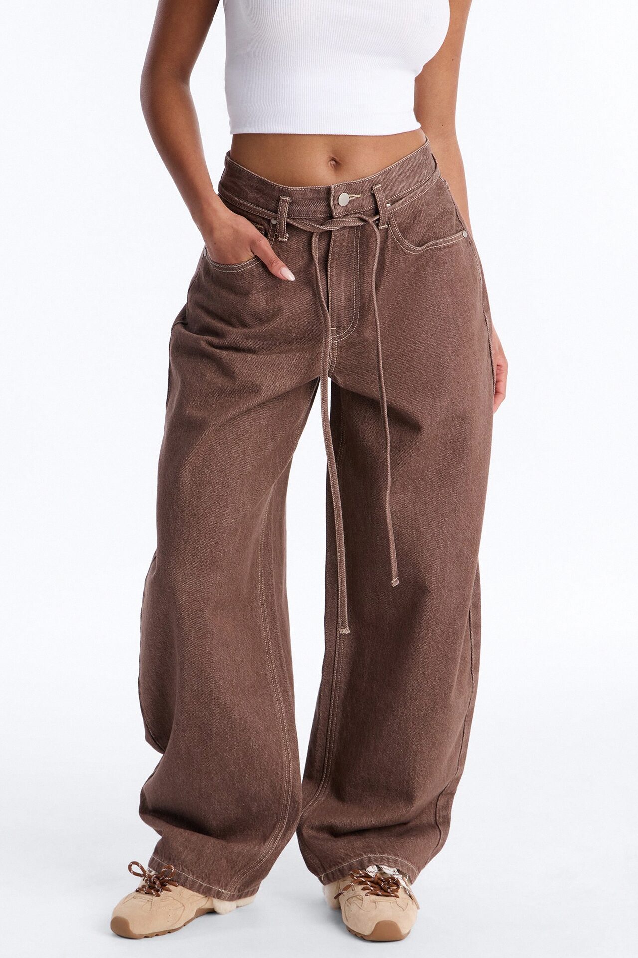 Give Me Attention Tie Waist Jeans - Brown