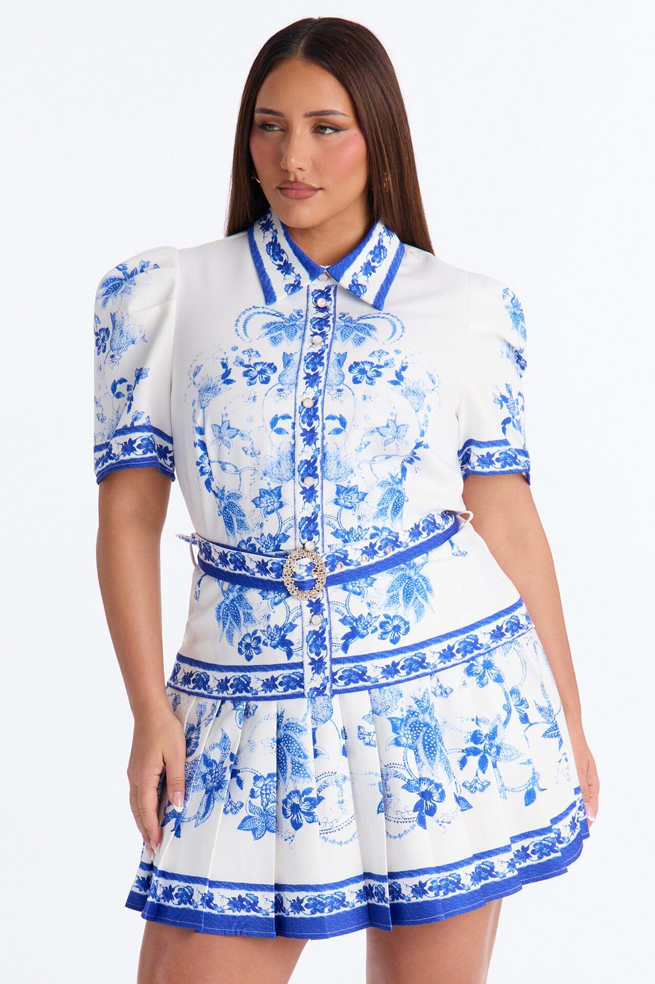 Arlette Short Sleeve Belted Mini Dress - Blue/combo