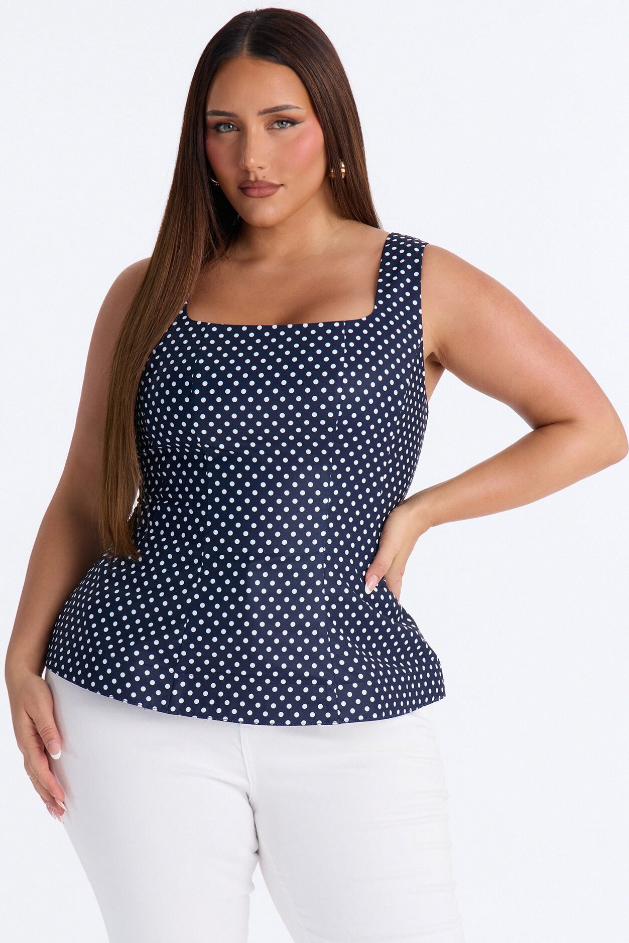 Tea First Polka Dot Chiffon Peplum Top - Navy/combo