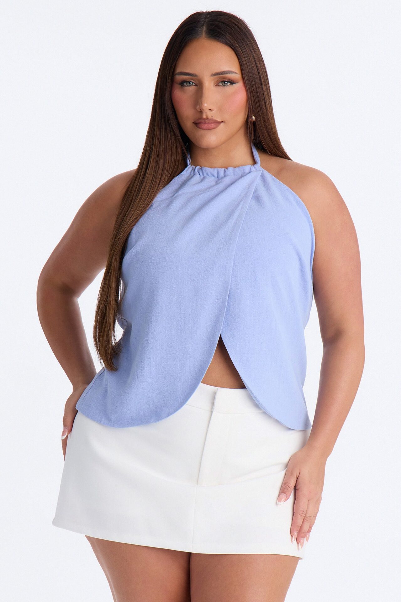 Snack First Wrap Over Linen Halter Top - Dusty Blue