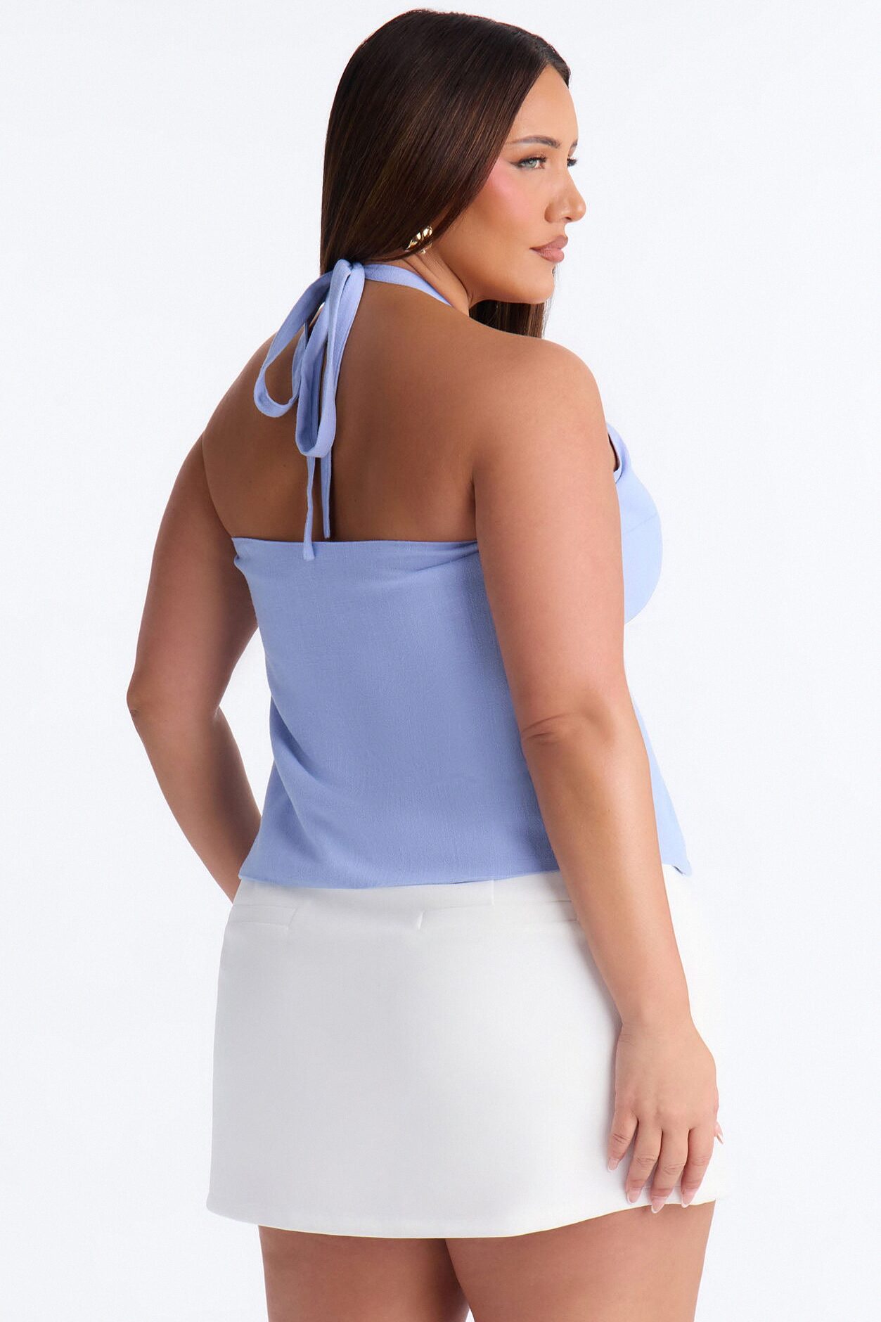 Snack First Wrap Over Linen Halter Top - Dusty Blue