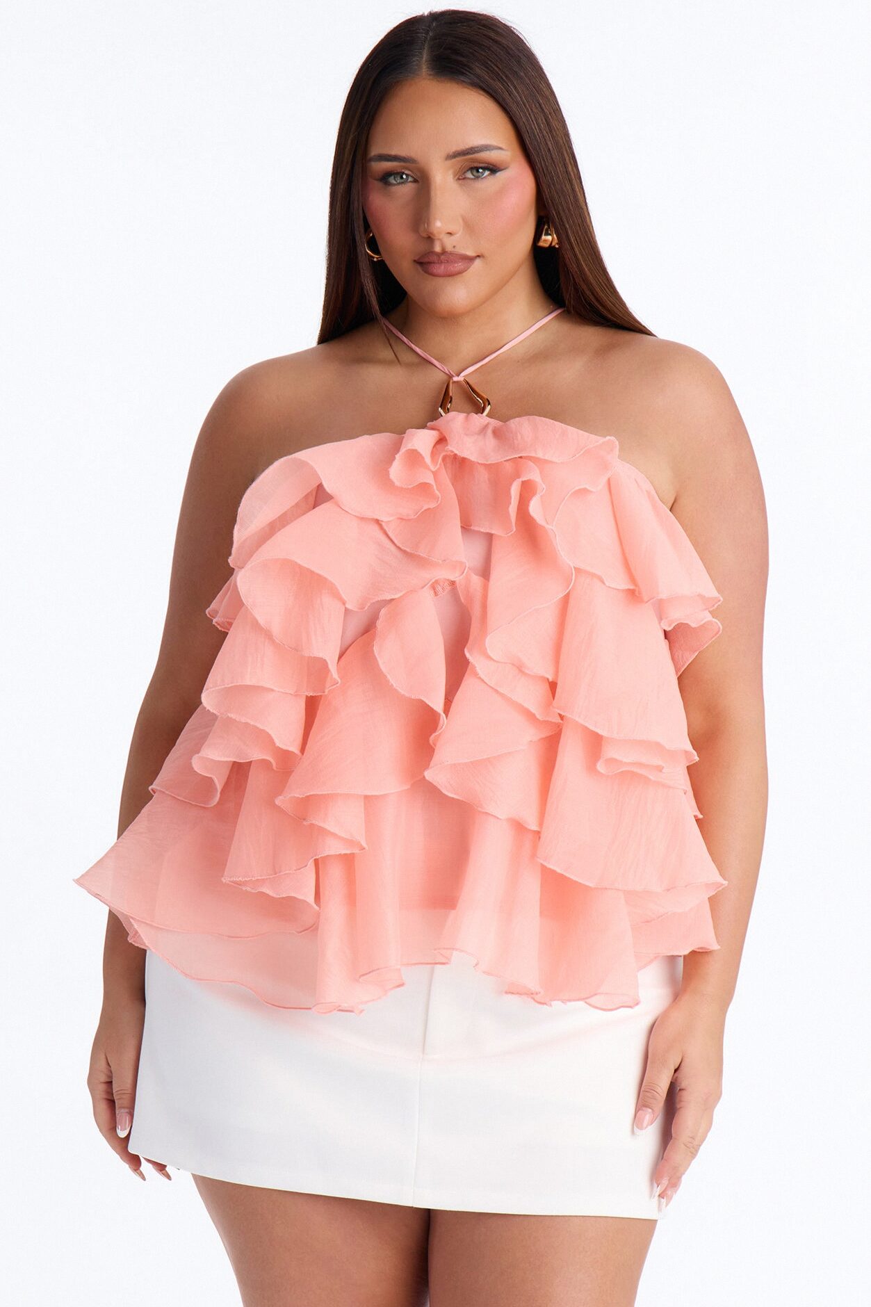 Ruffle Cutie Hardware Organza Halter Top - Peach