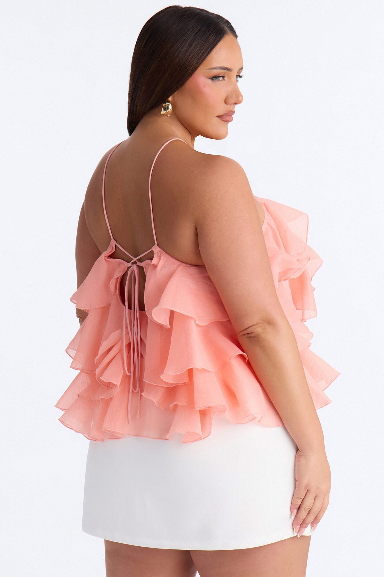 Ruffle Cutie Hardware Organza Halter Top - Peach