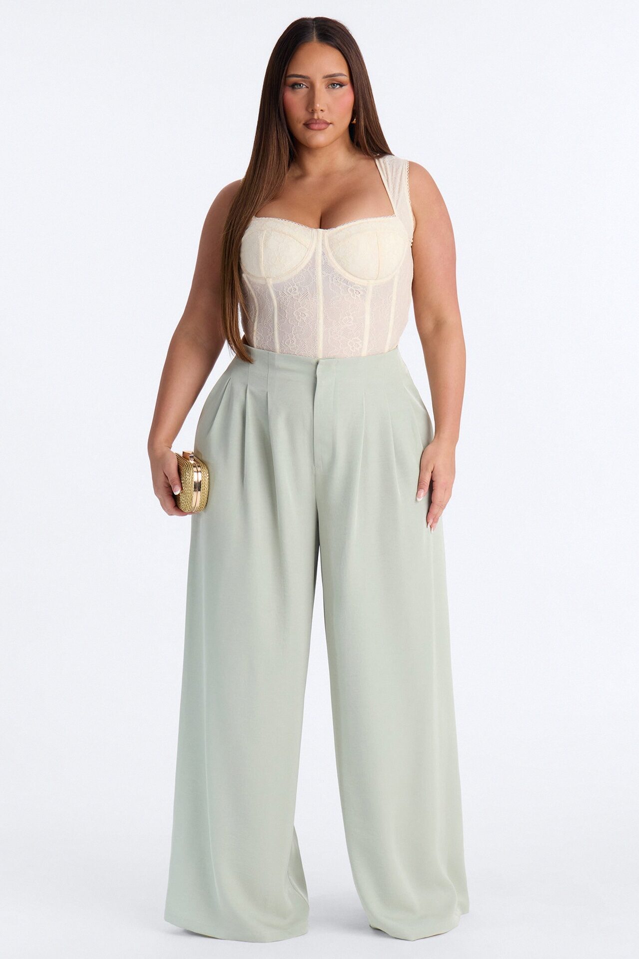 Valeria Pleated High Rise Wide Leg Pant 33″ - Sage