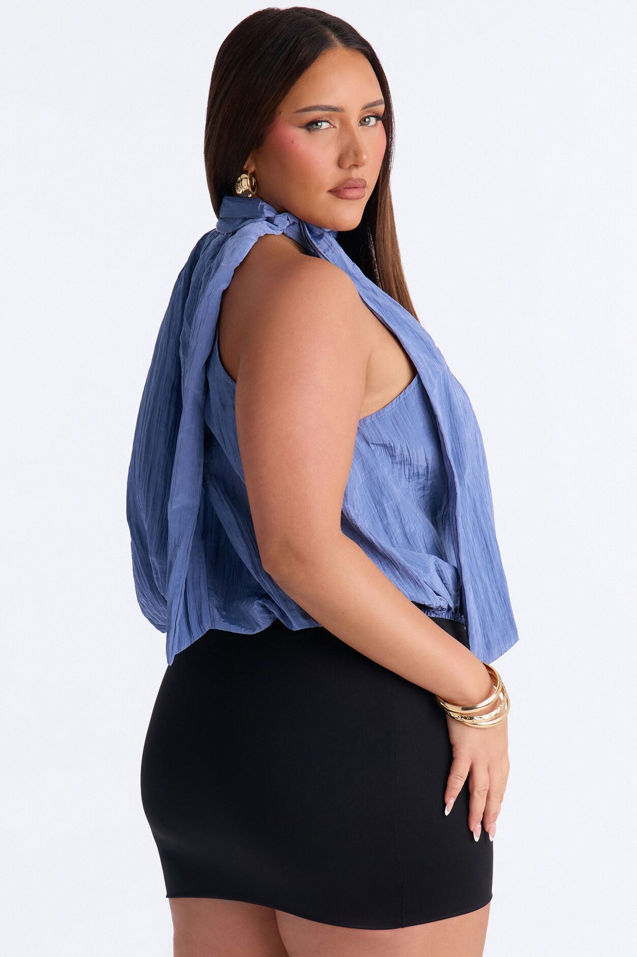 Stay Extra Scarf Plisse Top - Periwinkle