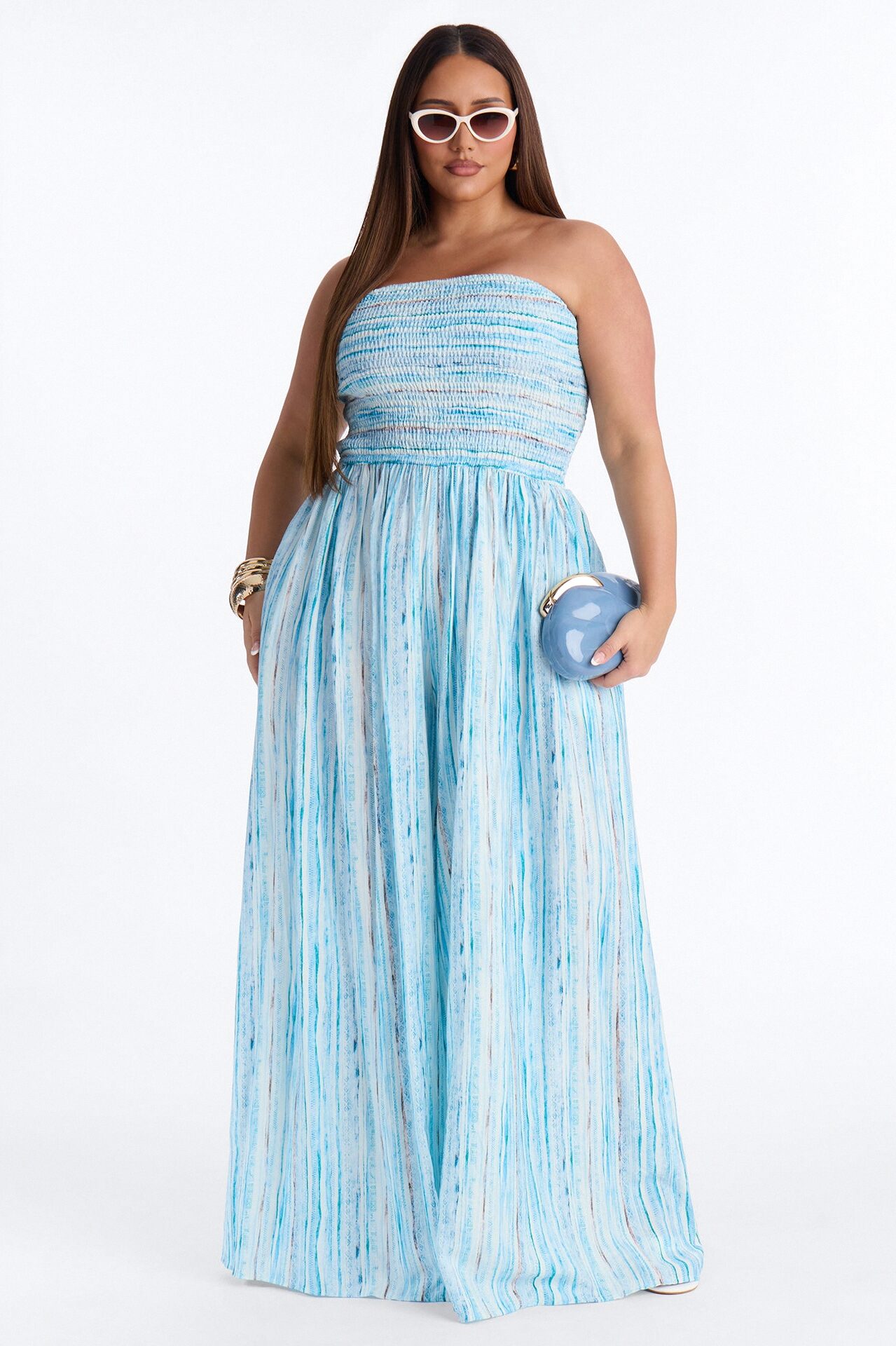 Kayla Smocked Extreme Wide Leg Jumpsuit - Blue