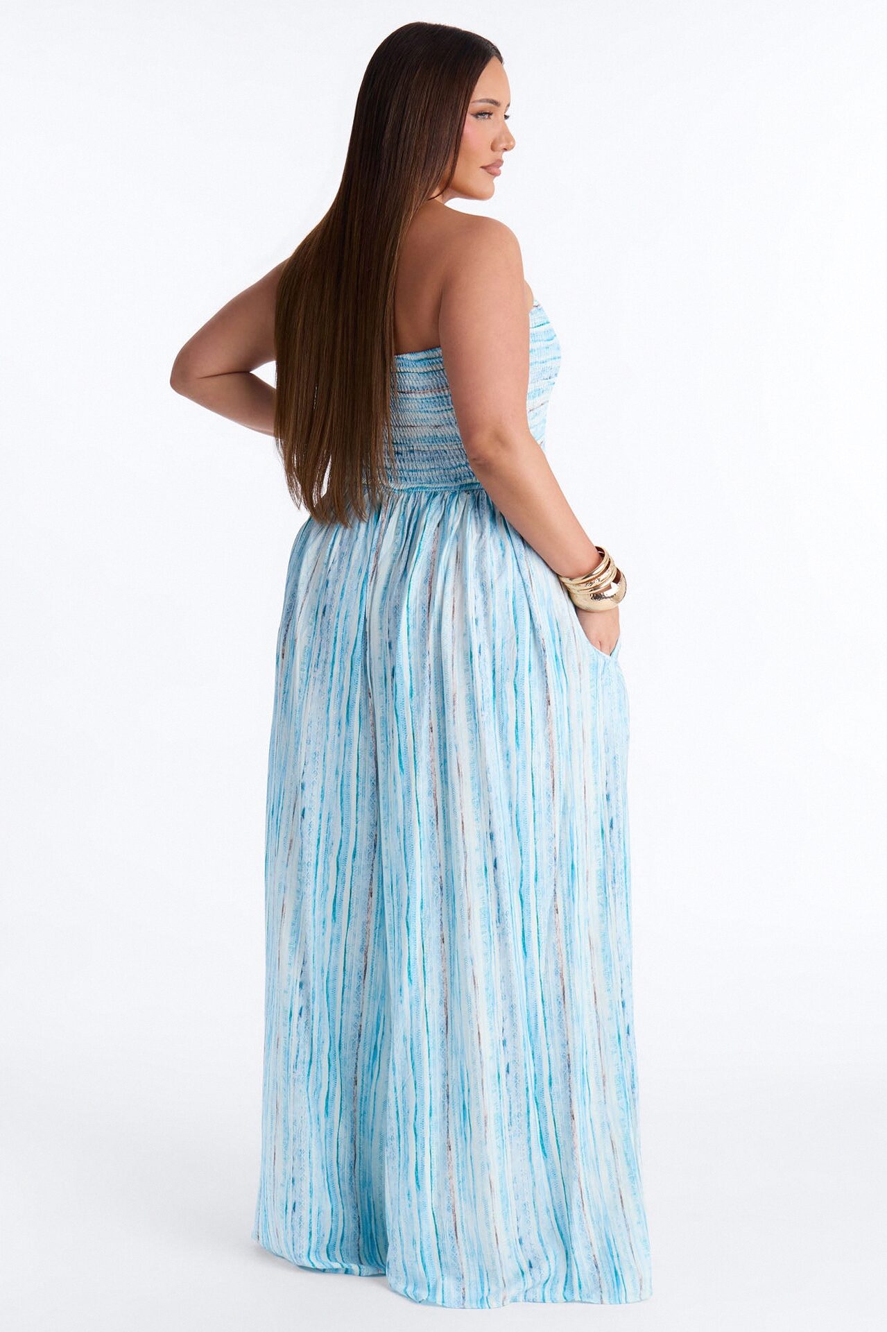 Kayla Smocked Extreme Wide Leg Jumpsuit - Blue