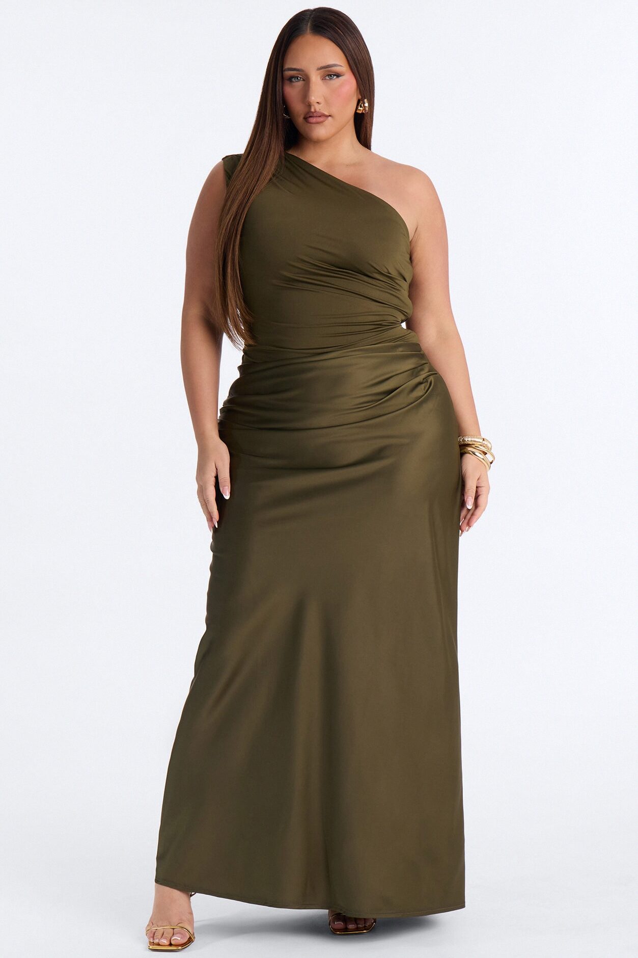 City Nights One Shoulder Satin Maxi Dress - Olive
