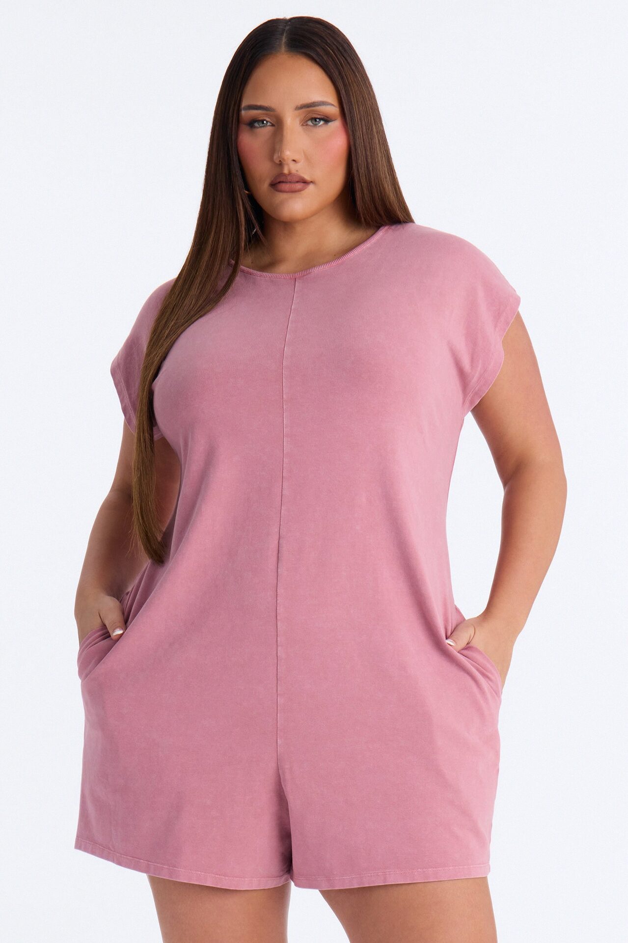 The Washed Cap Sleeve Romper - Mauve