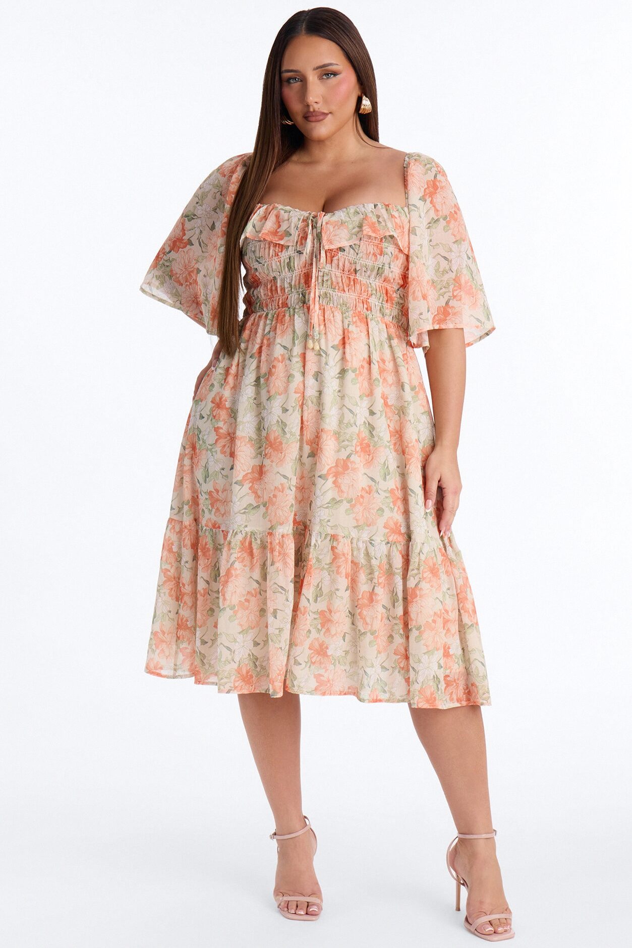 Christina Floral Chiffon Midi Dress - Orange/combo