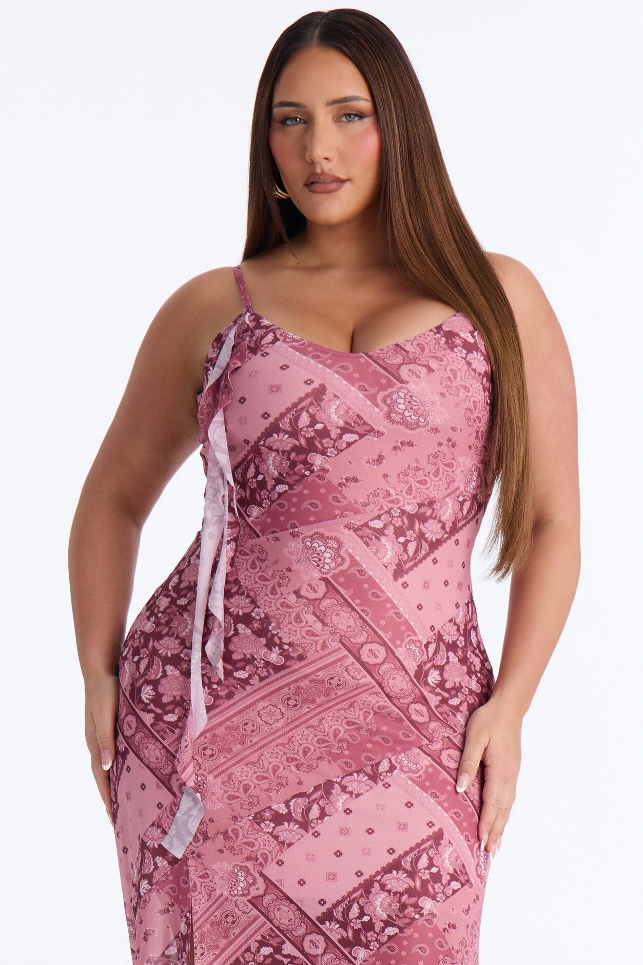 Harper Patchwork Mesh Midi Dress - Burgundy