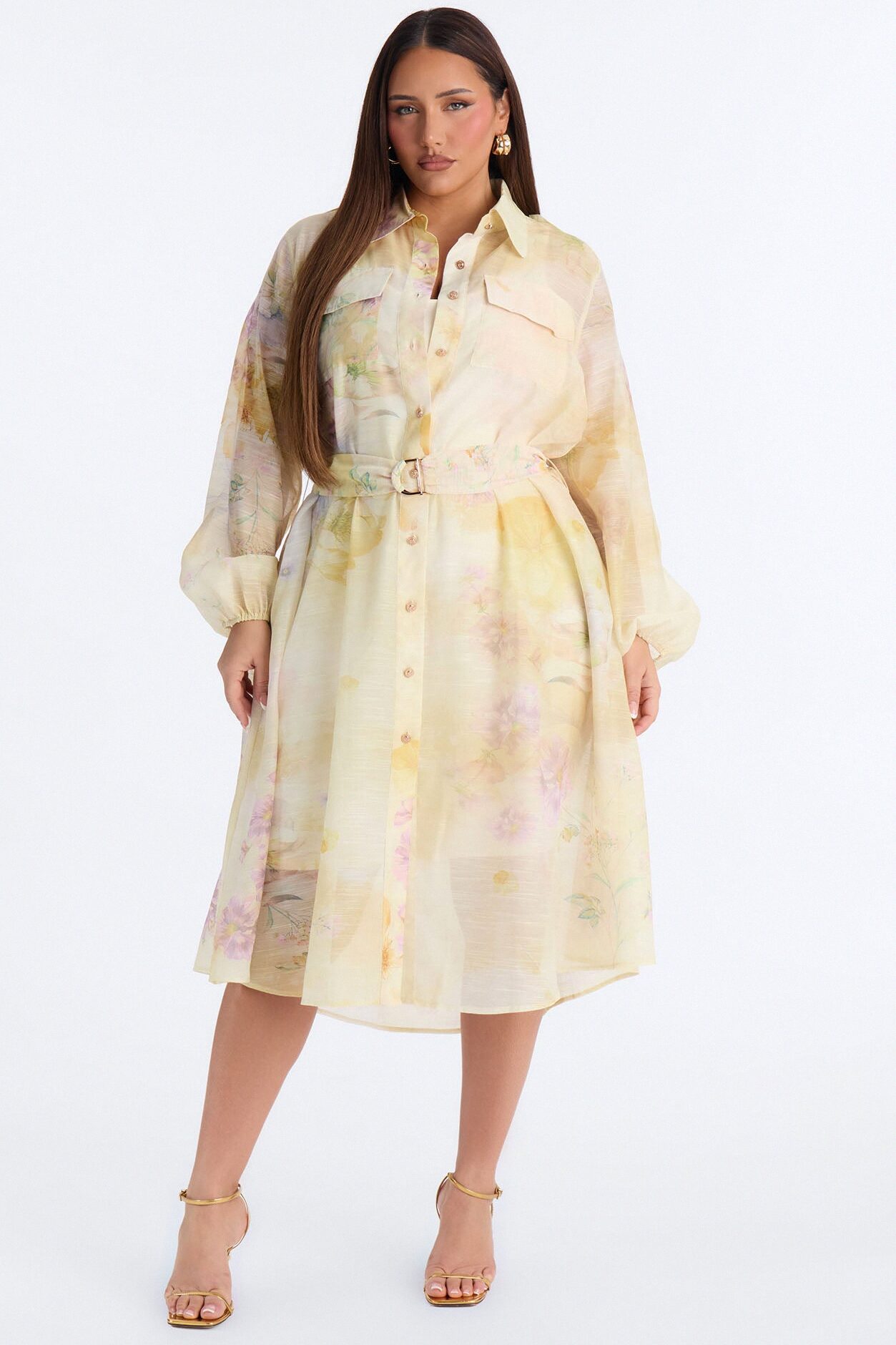 Ilaria Belted Floral Midi Dress - Yellow/combo