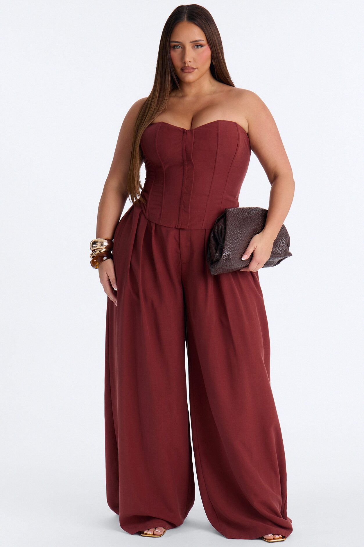 Jenine Corset Wide Leg Pant Set - Rust