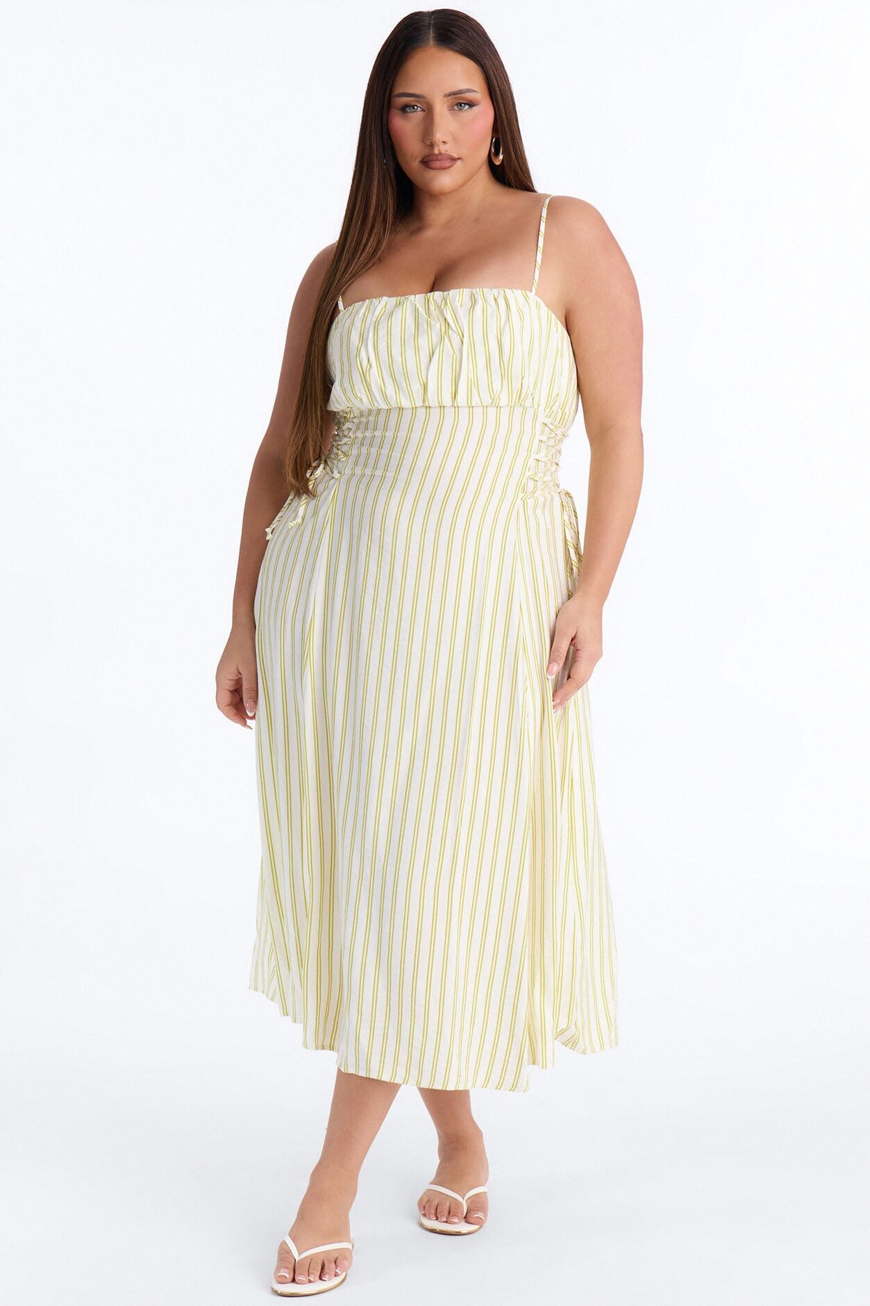 Claire Lace Up Pinstripe Midi Dress - Sage/combo