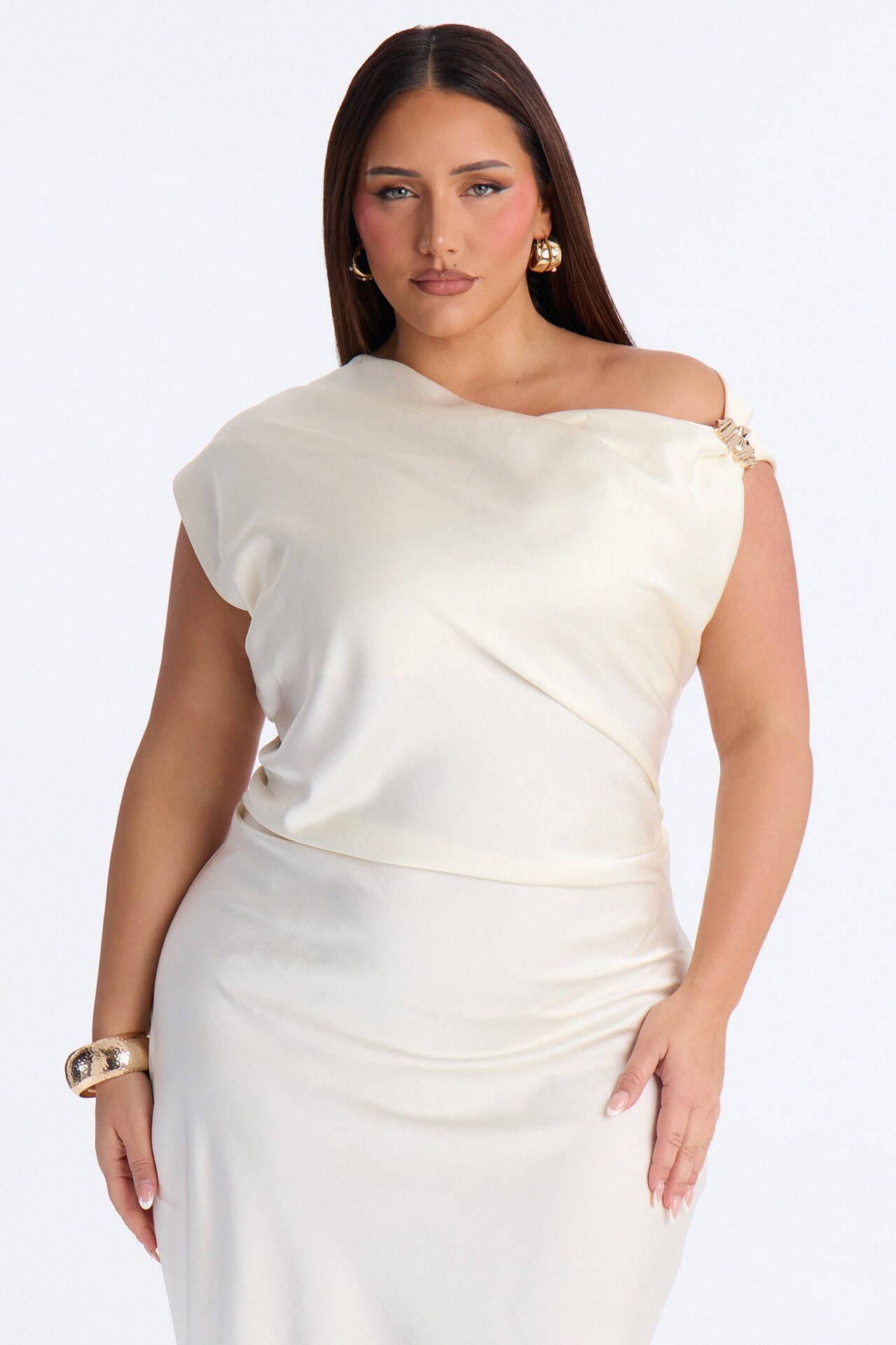 Jazlyn Ruched Satin Midi Dress - White