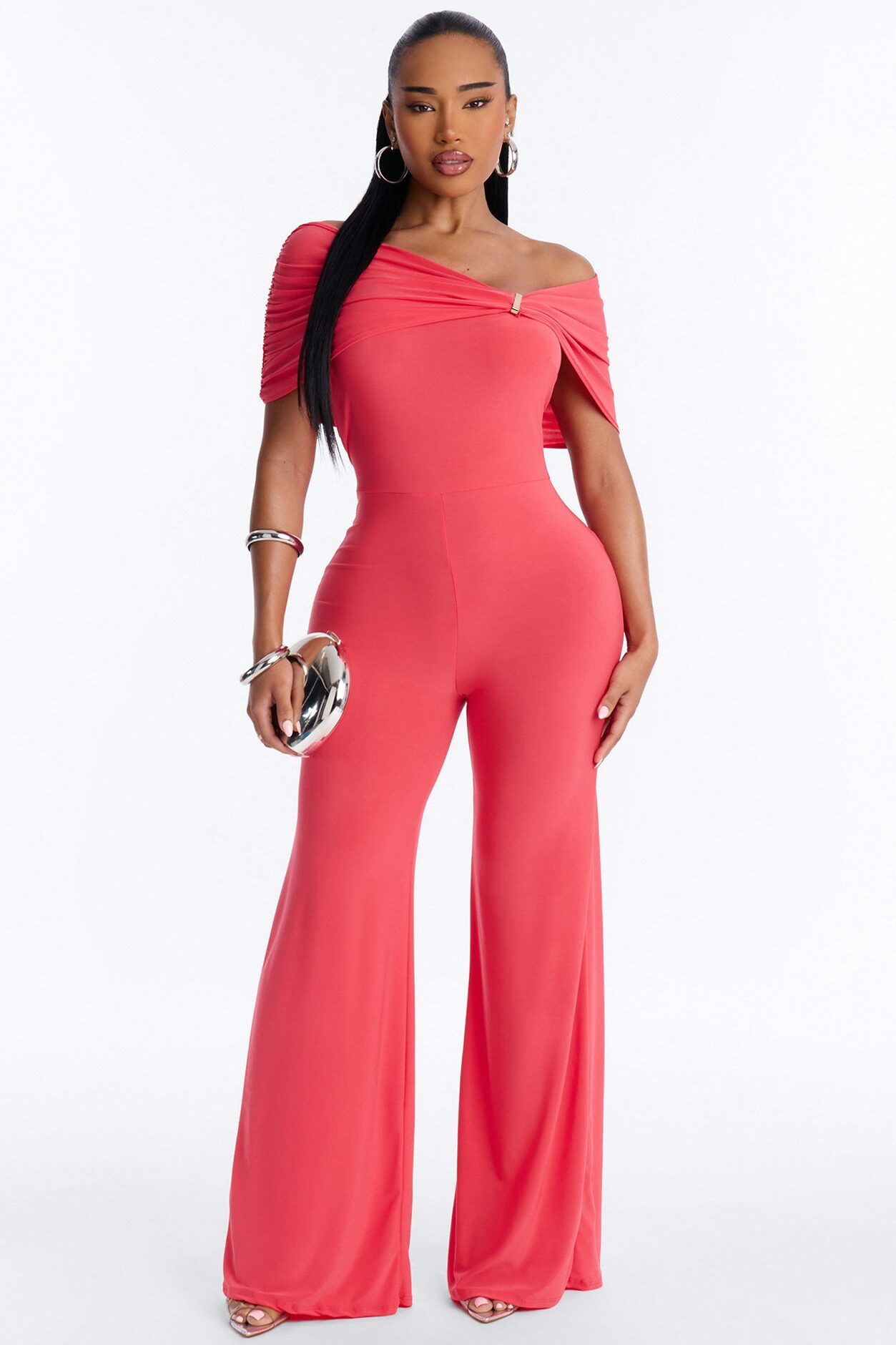 Inez Draped Wide Leg Jumpsuit - Coral
