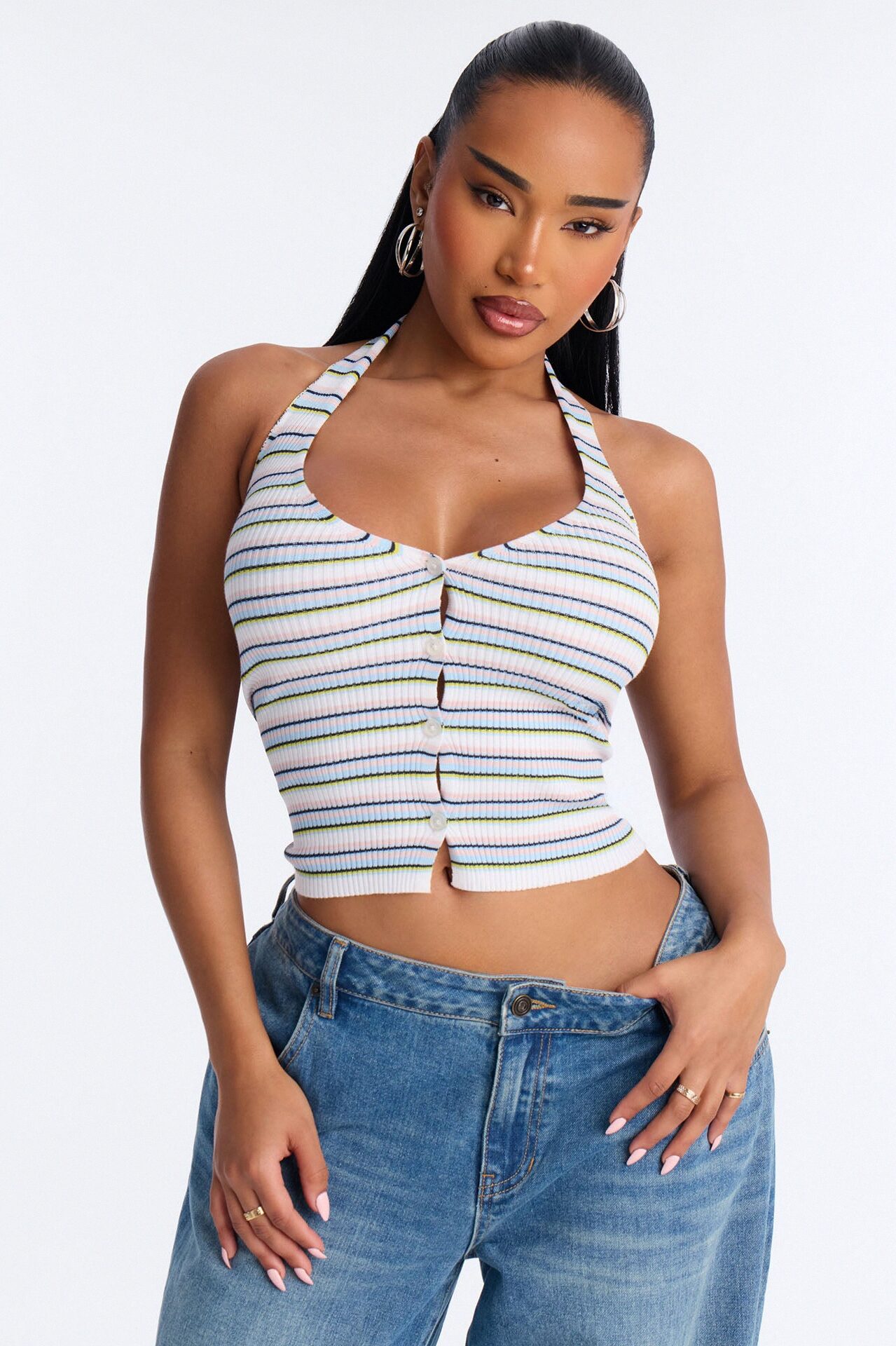 Belle Striped Sweater Halter Top - Ivory/combo