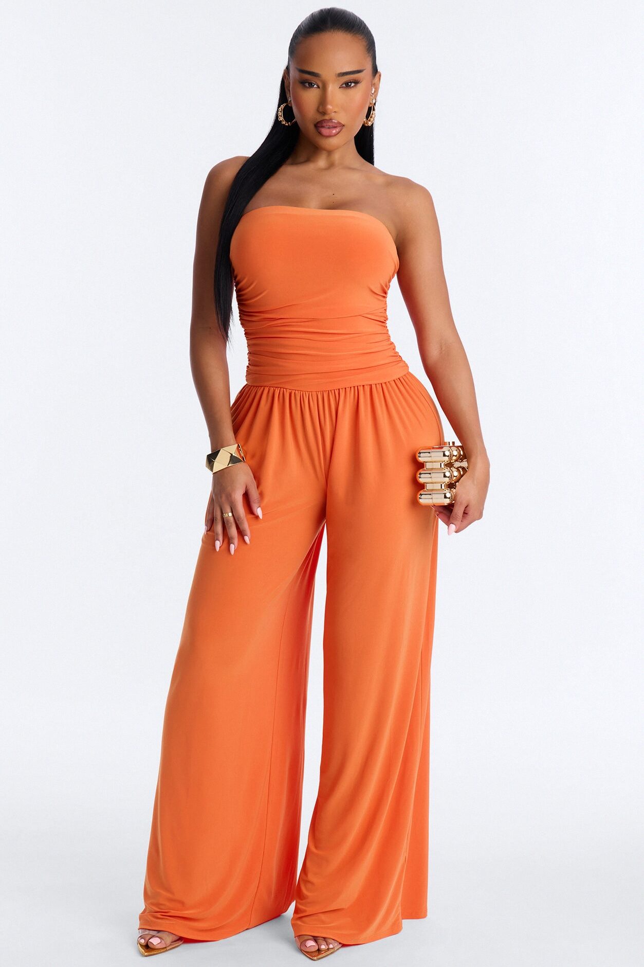 Cierra Ruched Strapless Jumpsuit - Orange