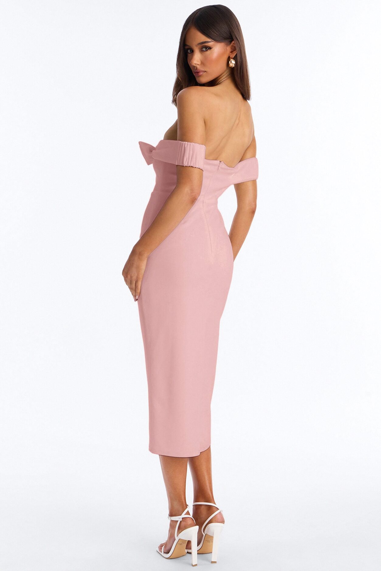 Anabella Off Shoulder Bow Midi Dress - Pink