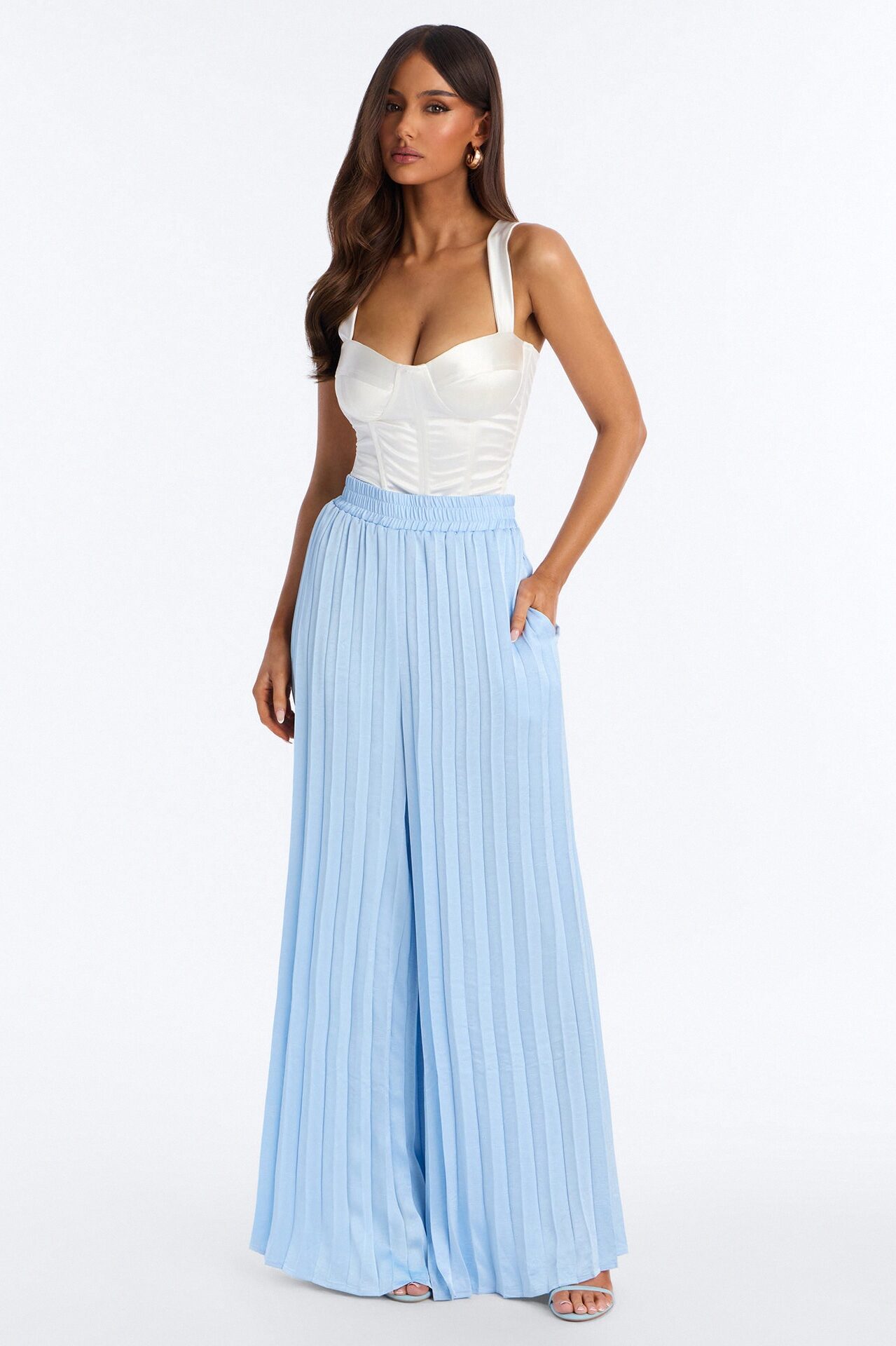 Let's Go Babe Satin Wide Leg Pant 32 - Light Blue