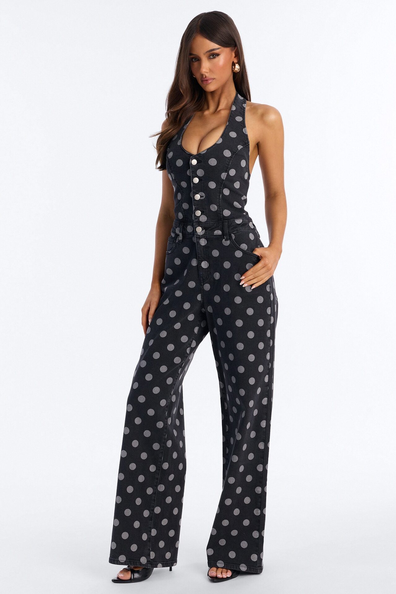 Deena Denim Polka Dot Jumpsuit - Charcoal