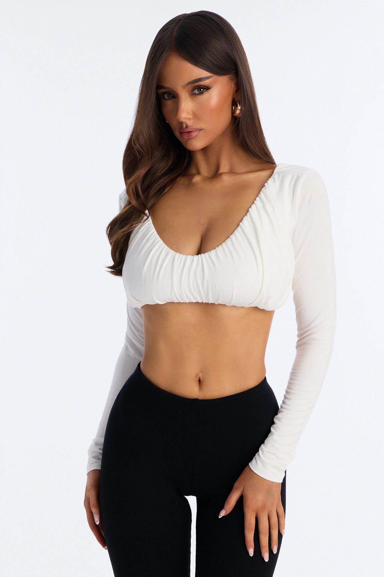 Skye Ruched Scoop Neck Long Sleeve Crop Top - White