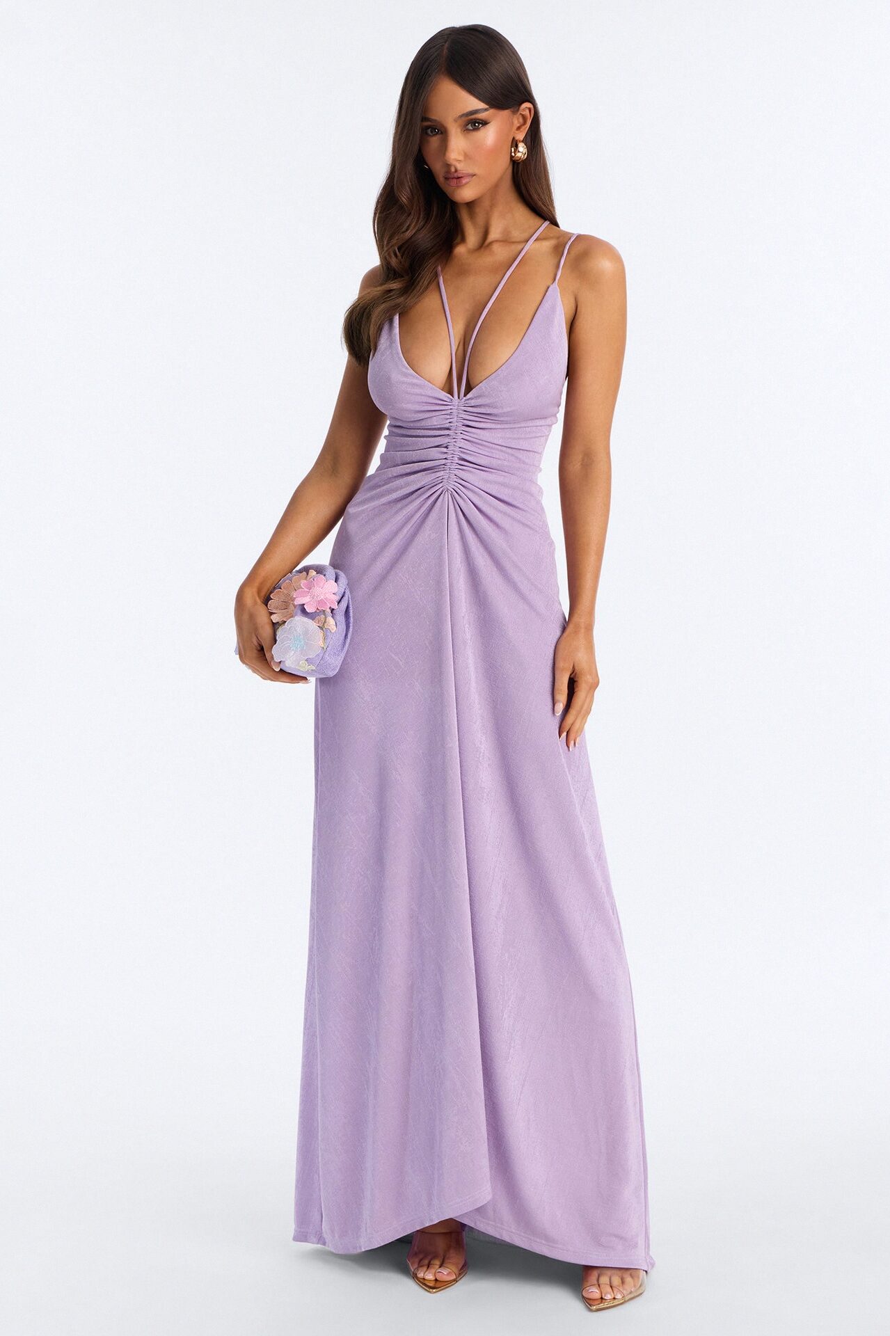 Bobbi Ruched Slinky Maxi Dress - Lavender