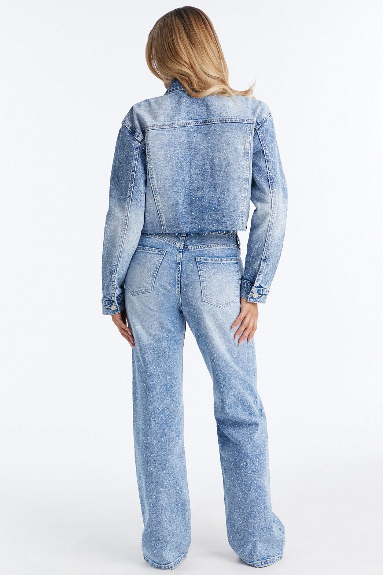 Spotlight Status Rhinestone Denim Pant Set - Light Wash