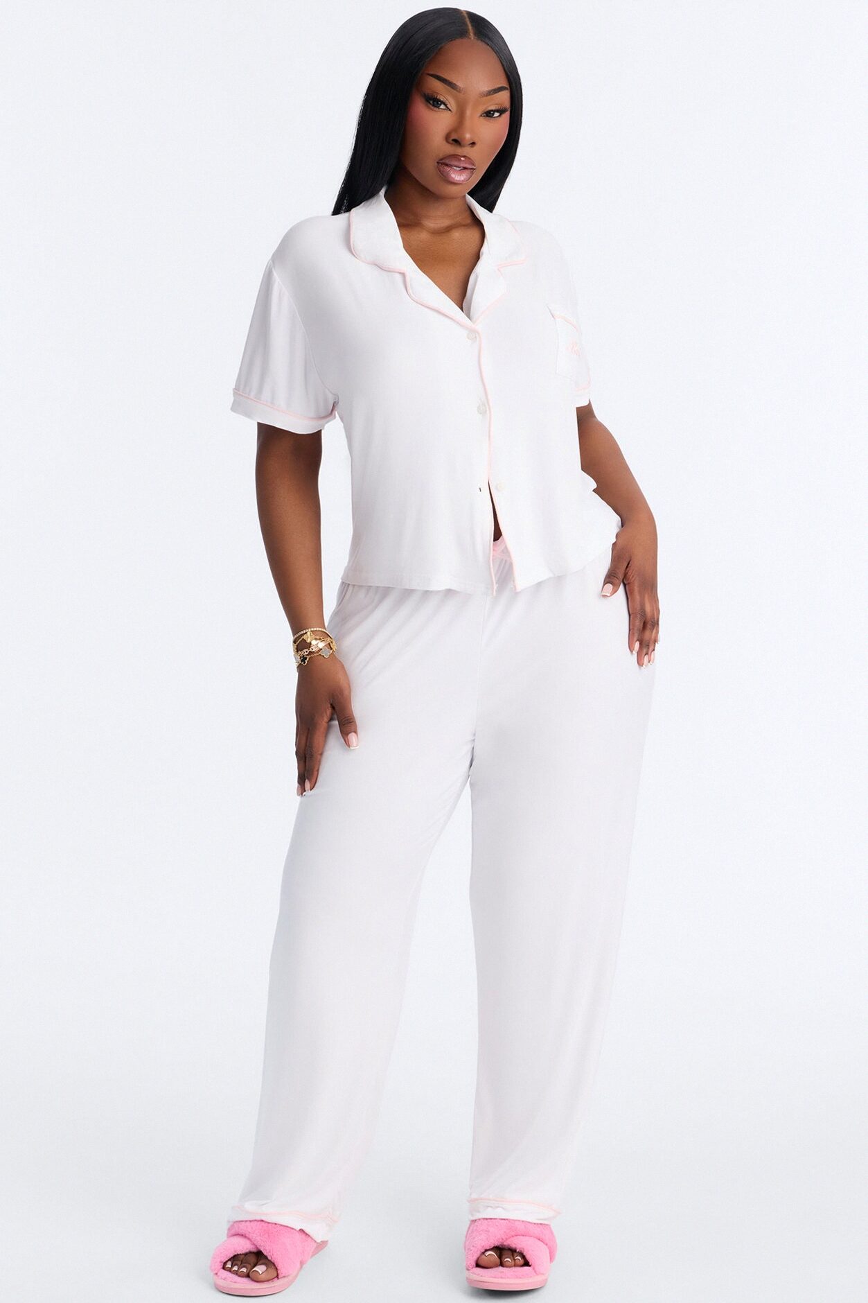 Bride Time Notch Collar PJ Pant Set - White/Pink