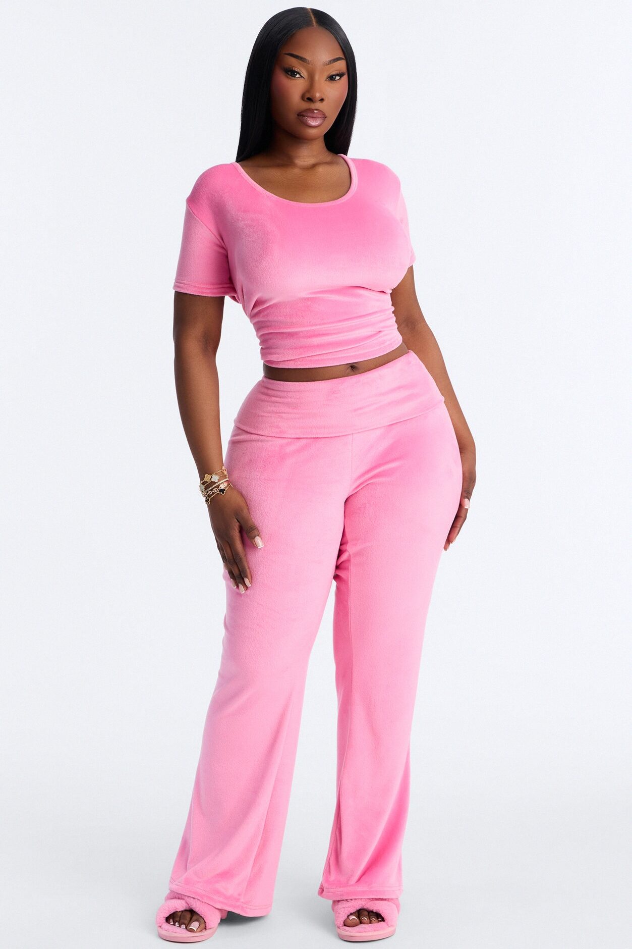 Cozy Moments Short Sleeve Velour PJ Pant Set - Hot Pink