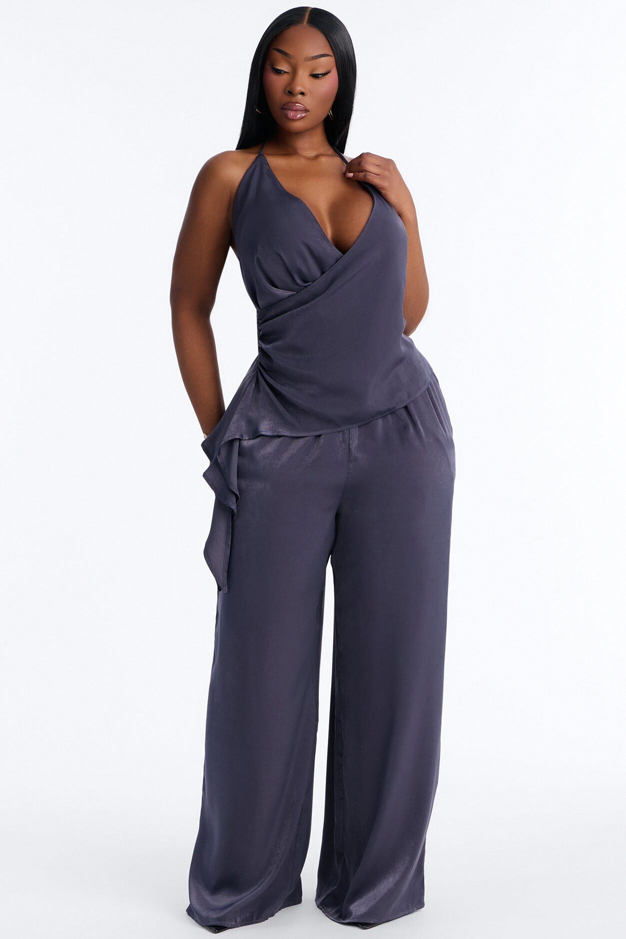 Normani Satin Halter Pant Set - Navy