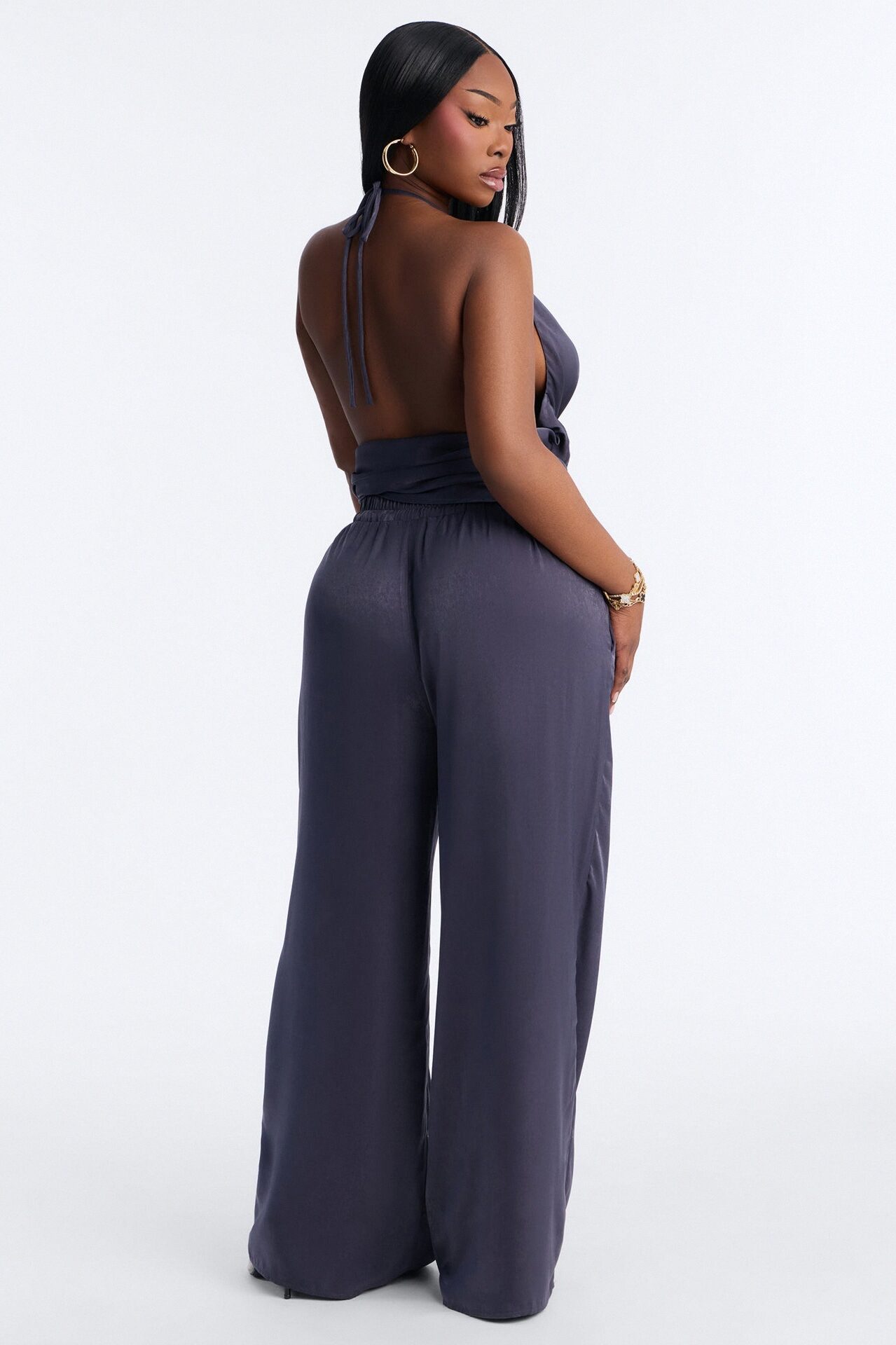 Normani Satin Halter Pant Set - Navy