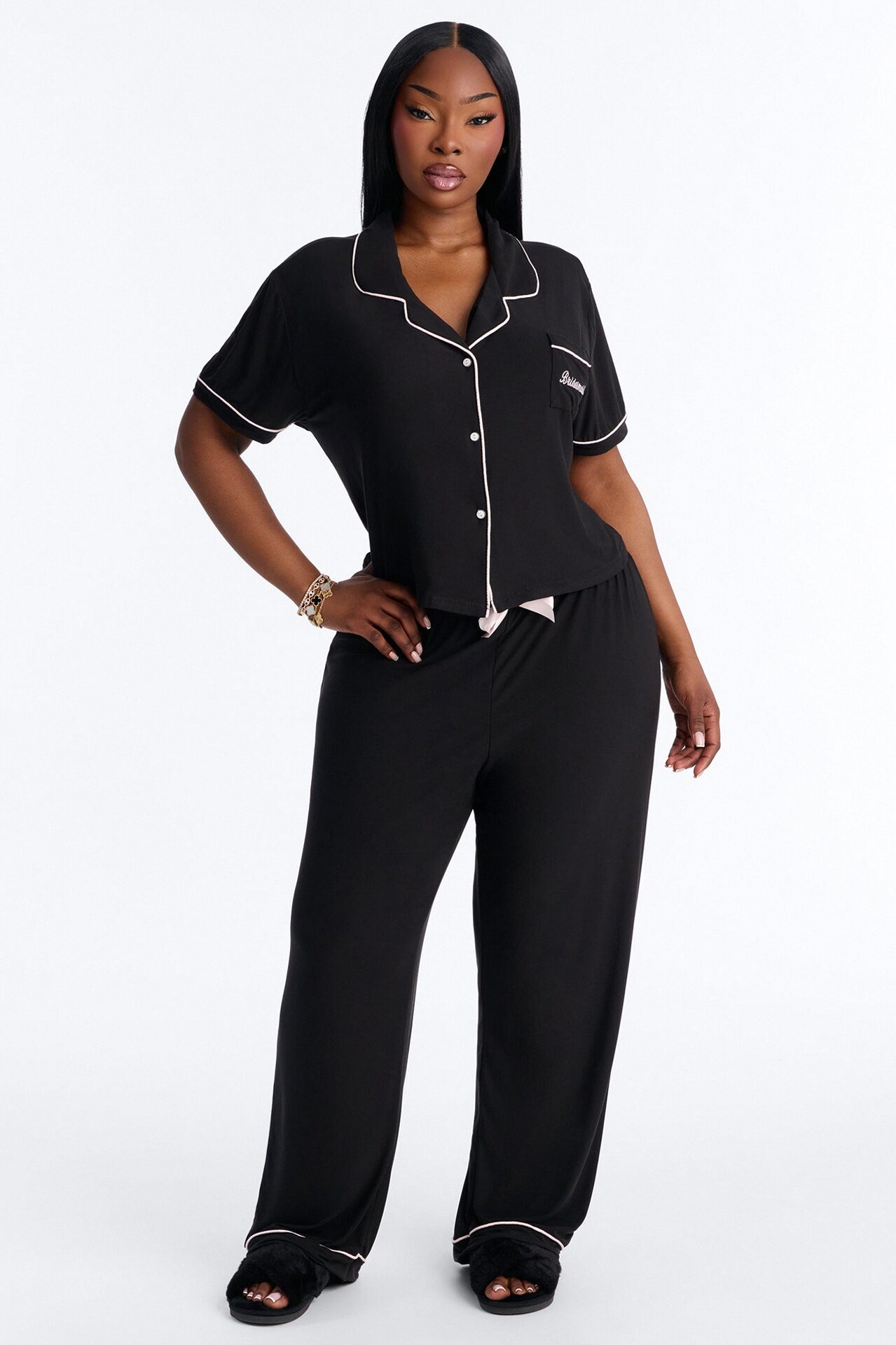 Bridesmaid Time Notch Collar PJ Pant Set - Black/Pink