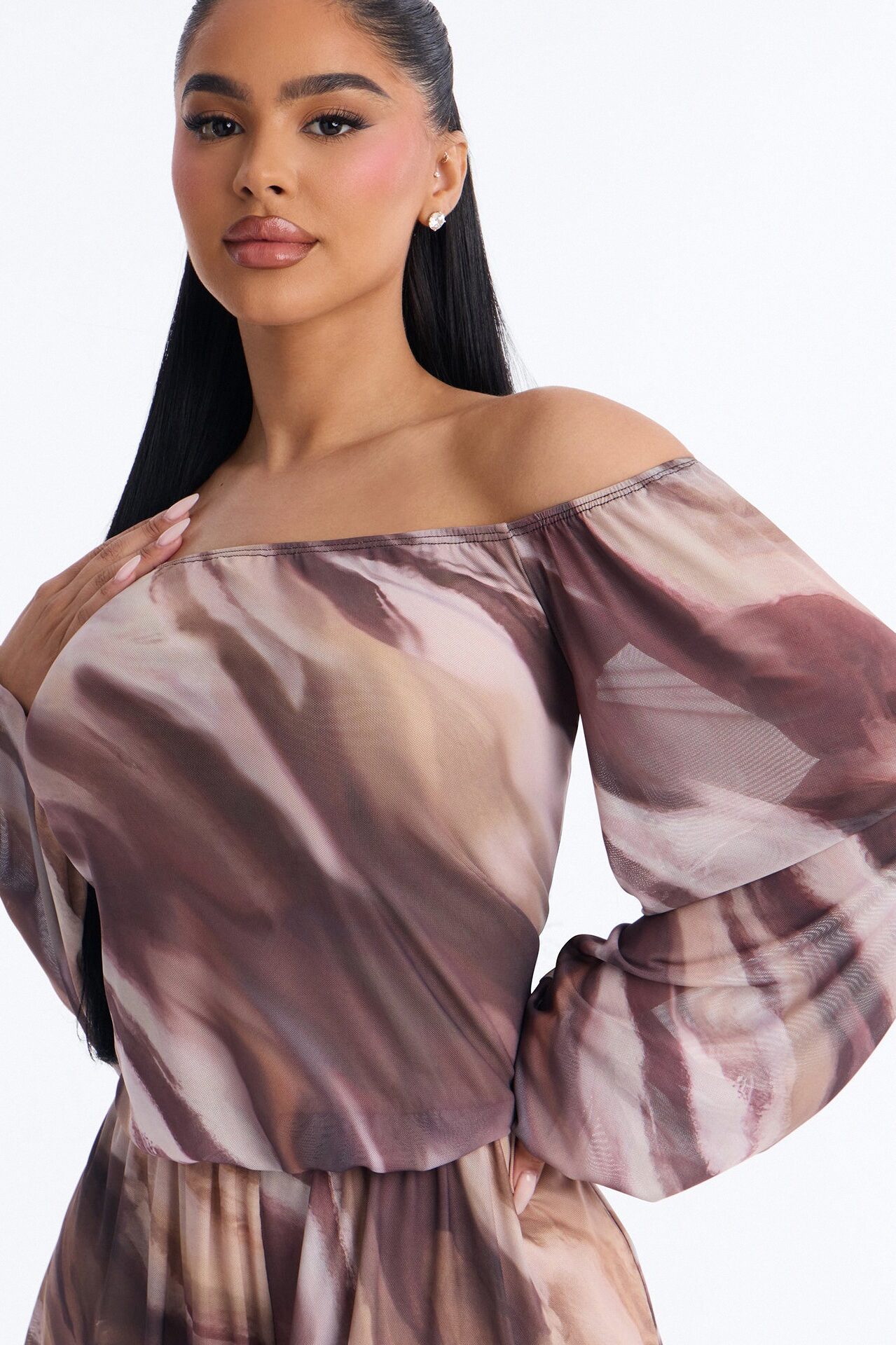 Rana Mesh Off Shoulder Romper - Brown