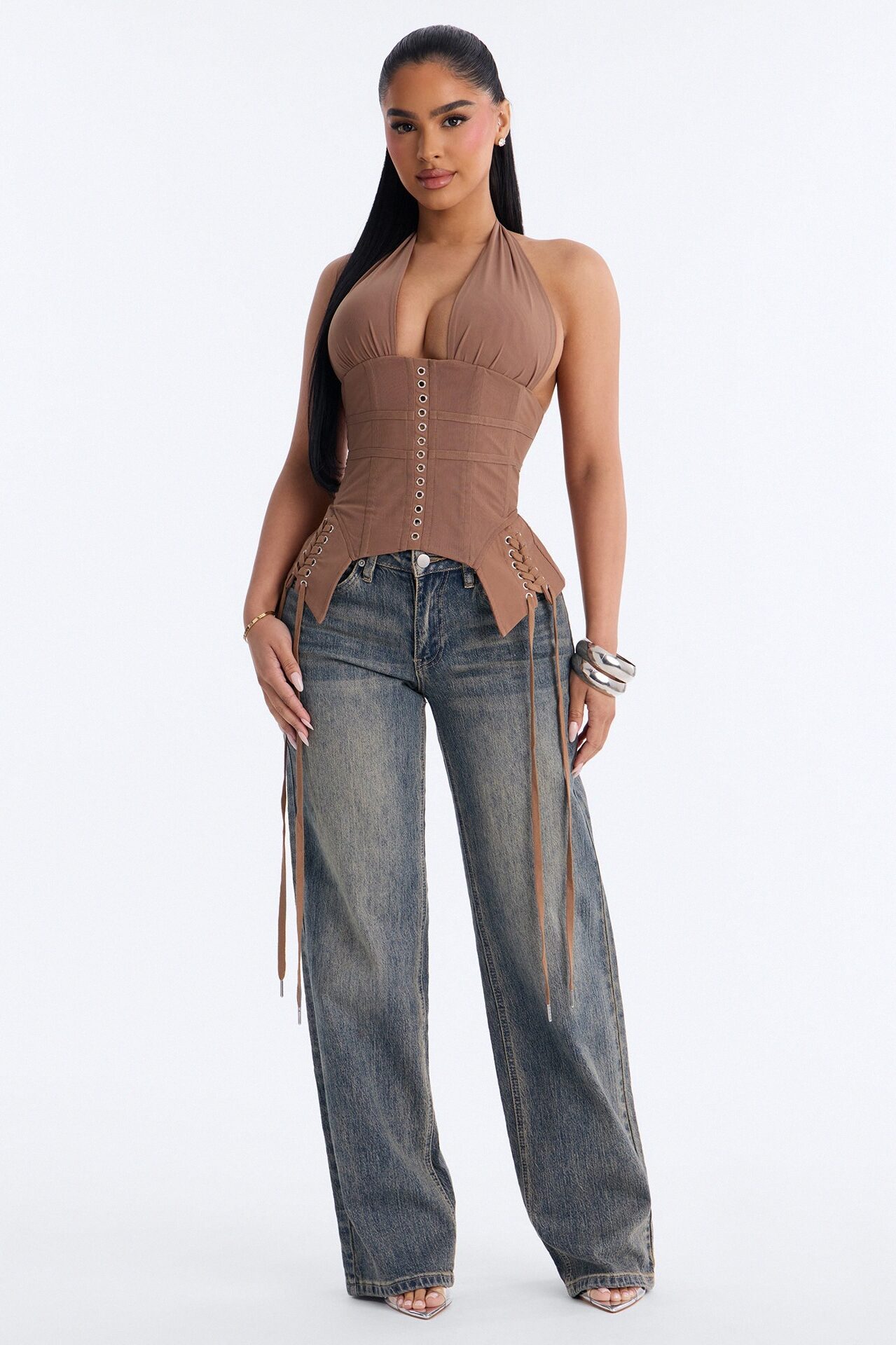 Ate Down Mesh Lace Up Corset Halter Top - Mocha