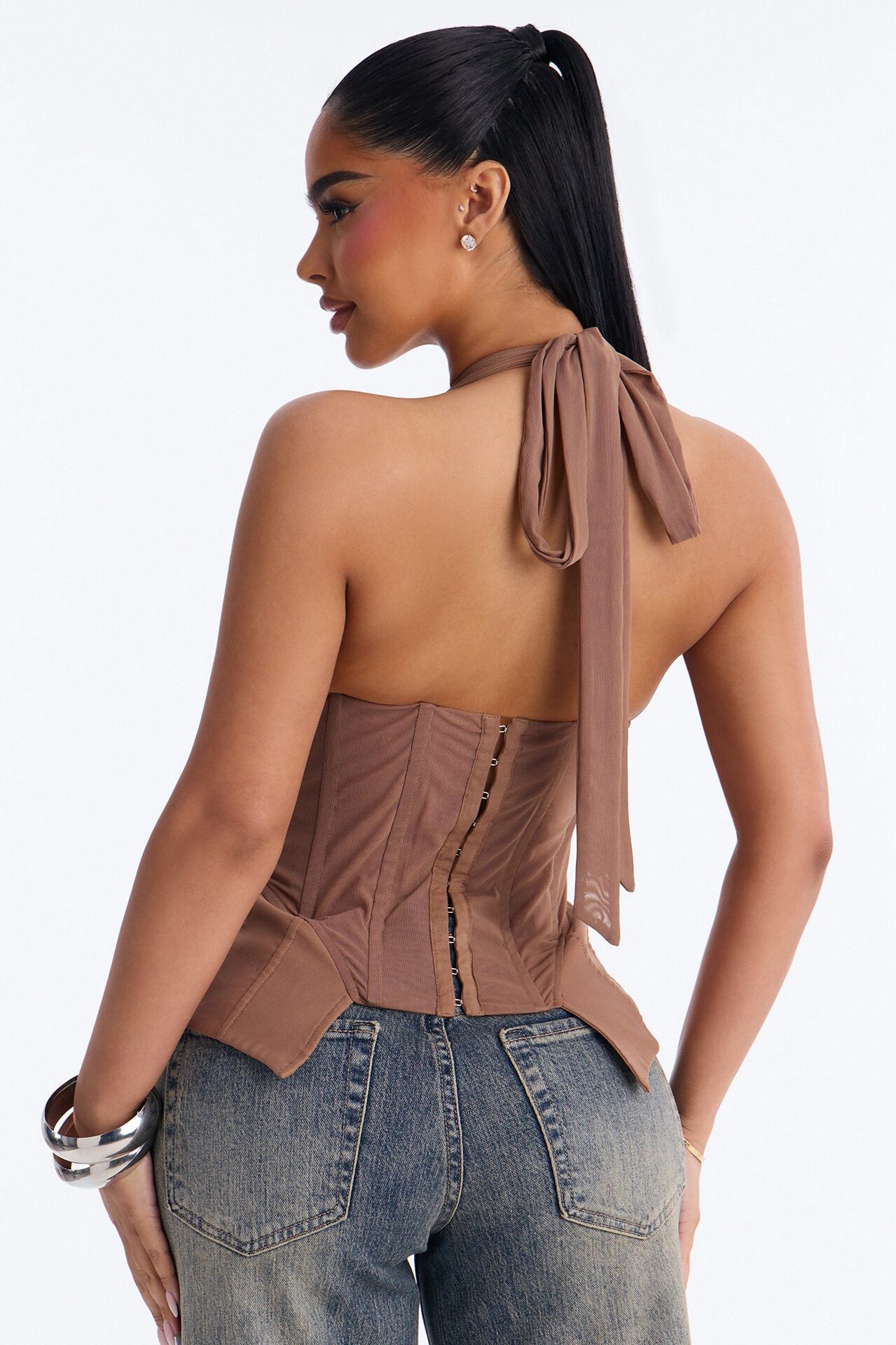 Ate Down Mesh Lace Up Corset Halter Top - Mocha
