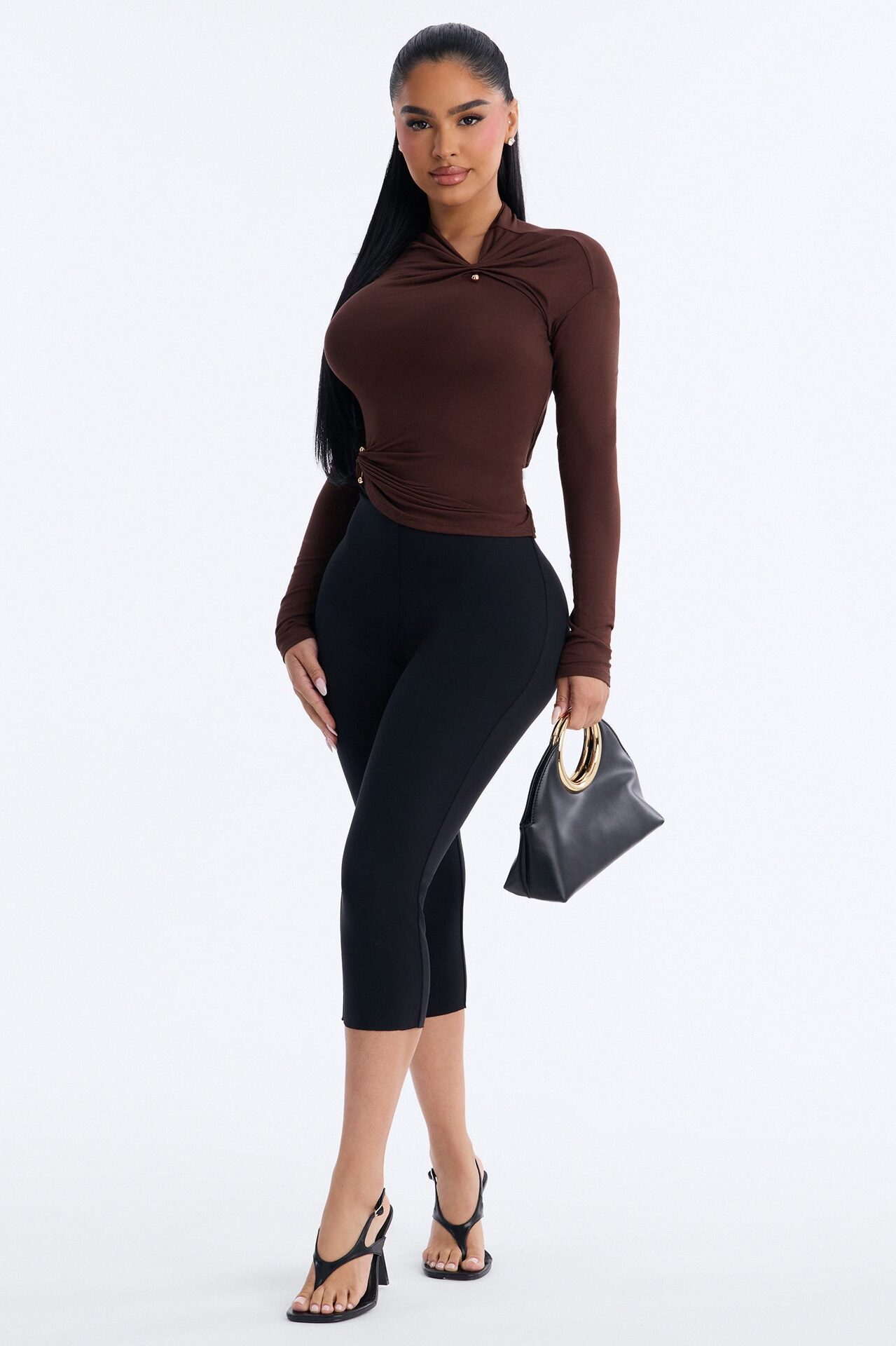 Pin Me Asymmetrical Neck Long Sleeve Top - Brown