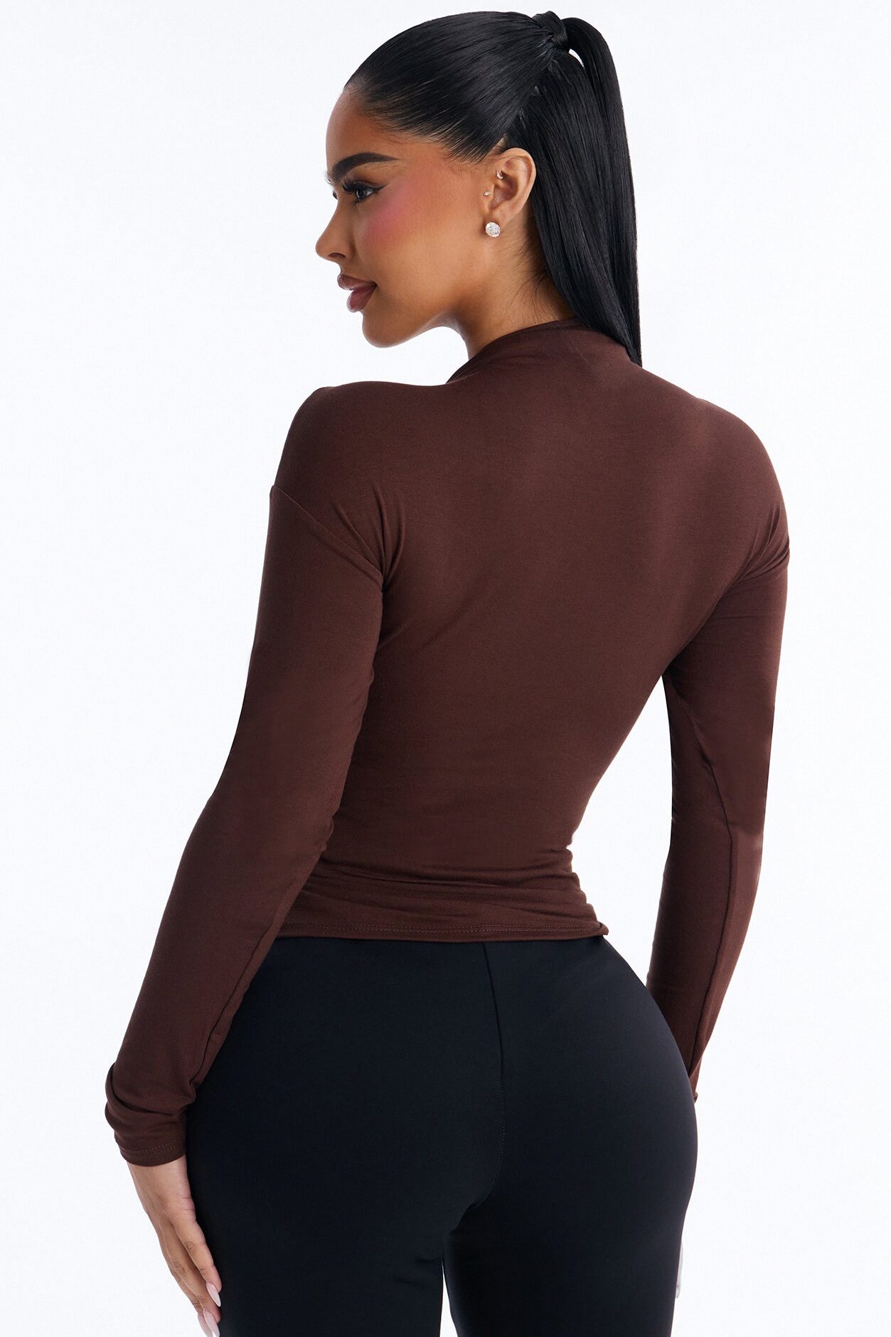 Pin Me Asymmetrical Neck Long Sleeve Top - Brown