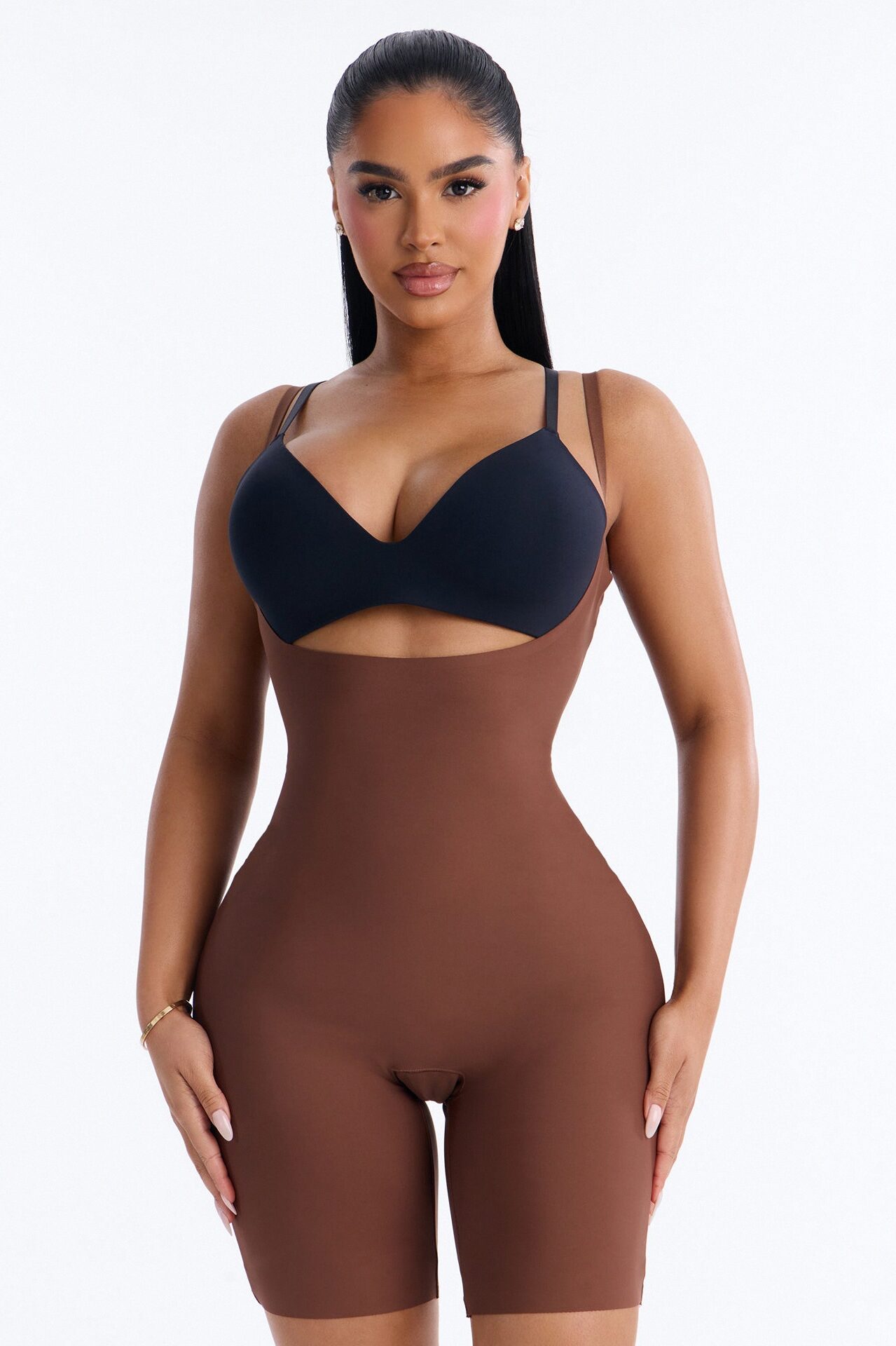 Total Control Core Sculpted Open Bust Mid Thigh Bodysuit - Mocha